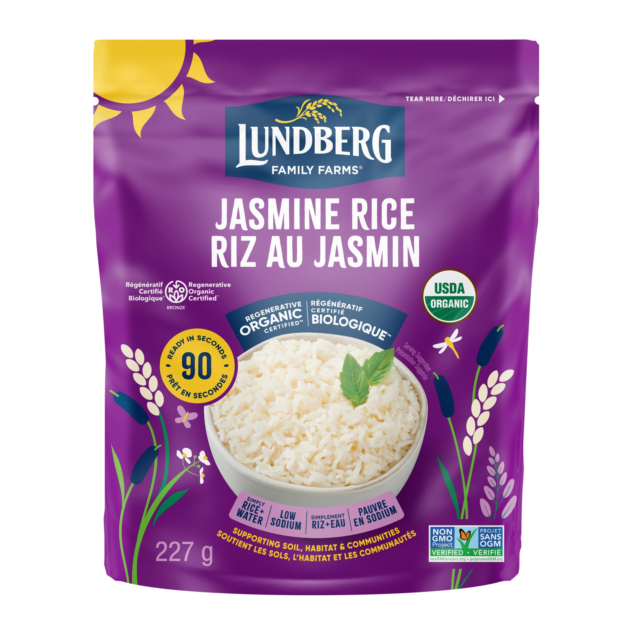 Lundberg Organic White Jasmine Rice - 90-Second Microwave Ready, Regenerative Organic Certified, Gluten Free & Low Sodium, 8oz Pouch - Perfect for Quick Meals, Meal Prep & Healthy Eating