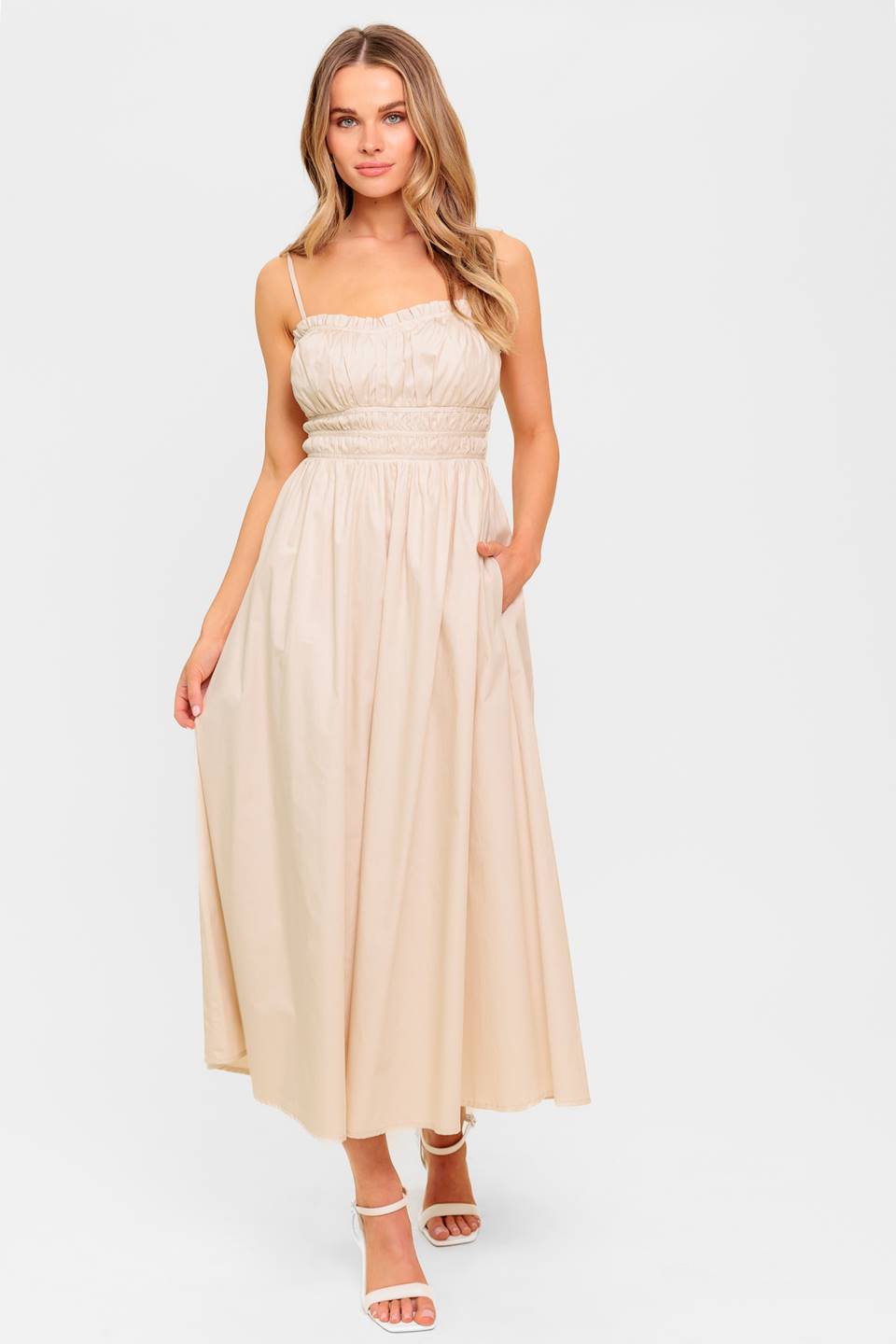 Heartland Sunset Midi Dress in Cream - Elegant Flowy Summer Dress for Beach, Wedding & Casual Outings
