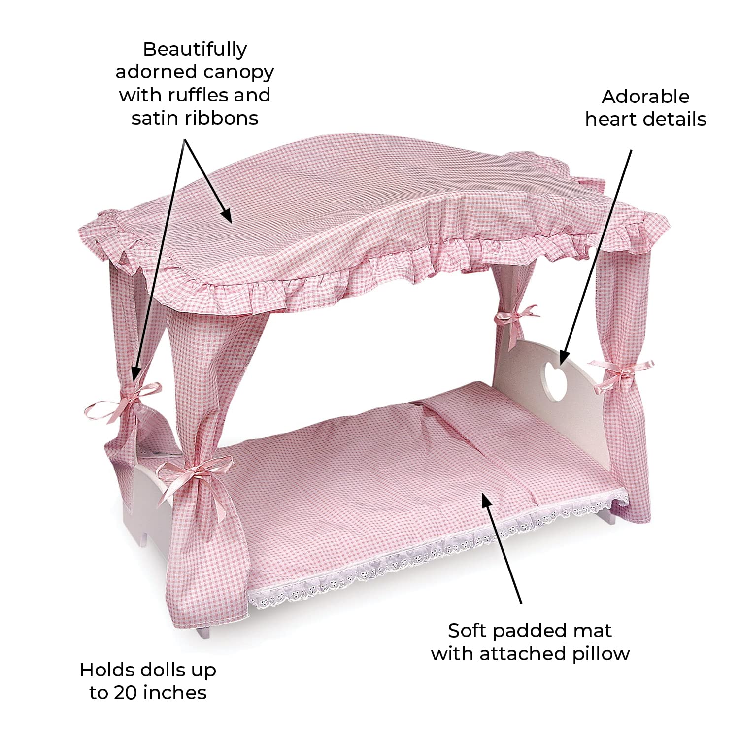 Badger Basket Doll Canopy Bed with Bedding Set for 18-20 Inch Dolls - Elegant White Wooden Design for American Girl & Other Large Dolls | Perfect for Imaginative Play, Room Decor & Gift Giving