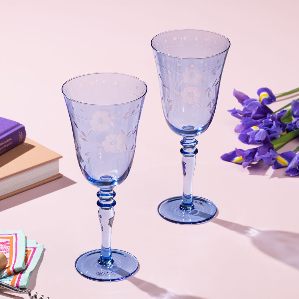 Premium Cyril Etched Blue Crystal Glass Set - Set of 2 Elegant Drinking Glasses for Wine, Champagne & Cocktails - Perfect for Weddings, Parties & Home Entertaining