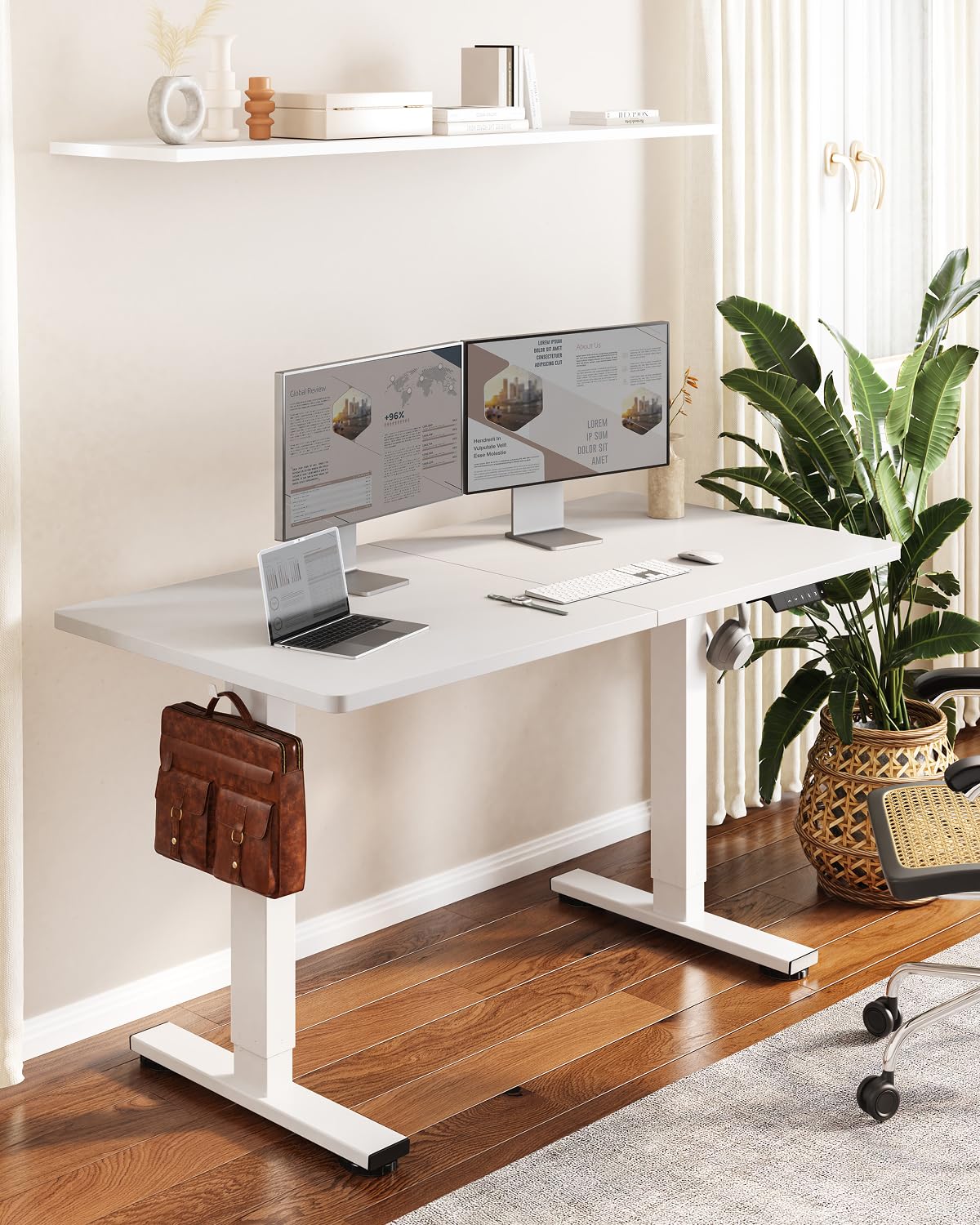 SANODESK Electric Standing Desk 63x24 Inches - Height Adjustable Sit Stand Desk with Splice Board, White Frame & White Top - Perfect for Home Office, Remote Work & Ergonomic Workspace
