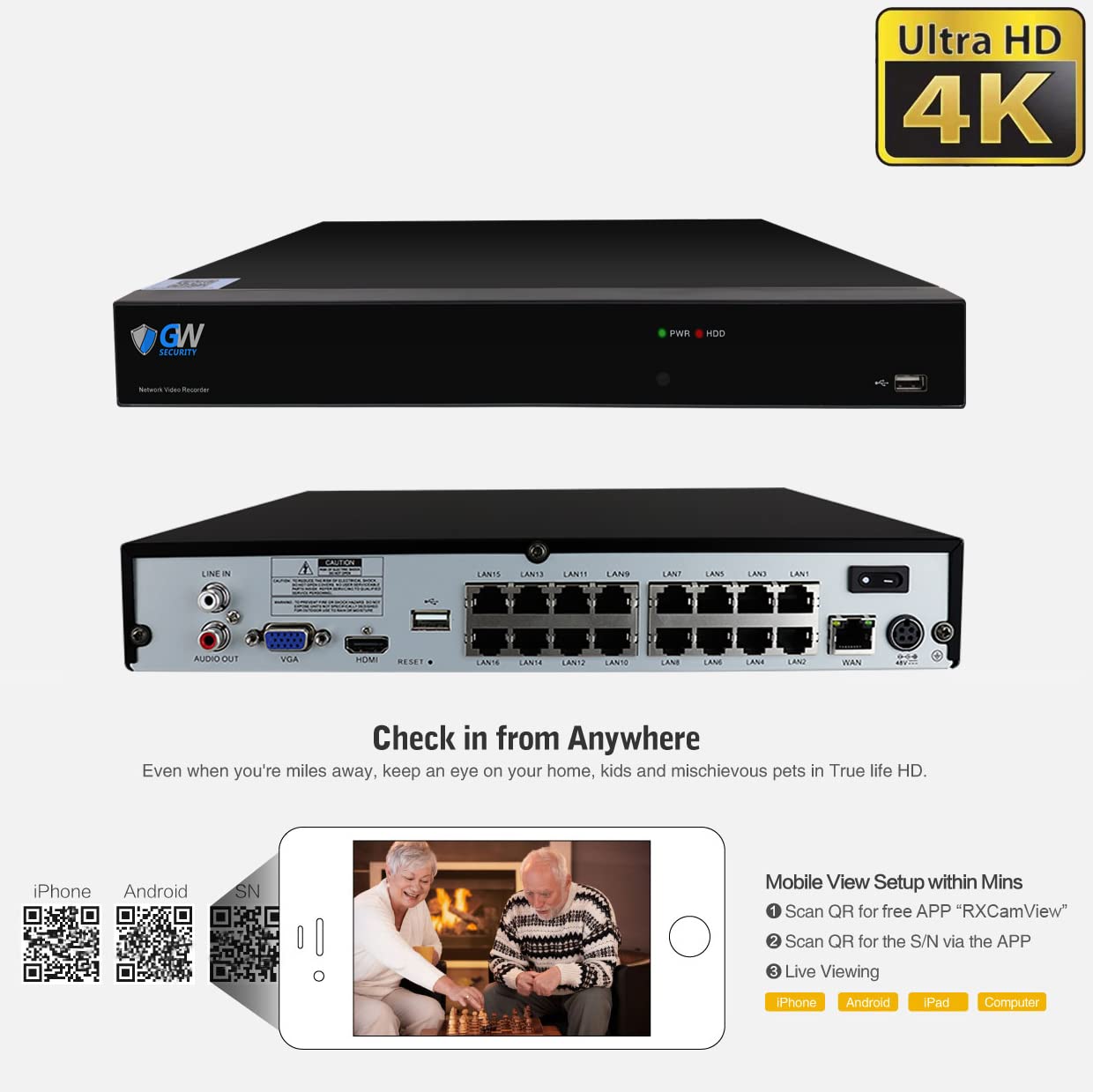 GW Security 16CH 4K Starlight Color Night Vision AI Security Camera System with 12MP H.265+ PoE NVR & 16x 8MP IP Cameras - Face Recognition, Human/Car Detection, Microphone - Ideal for Home Security, Business Surveillance & Property Monitoring