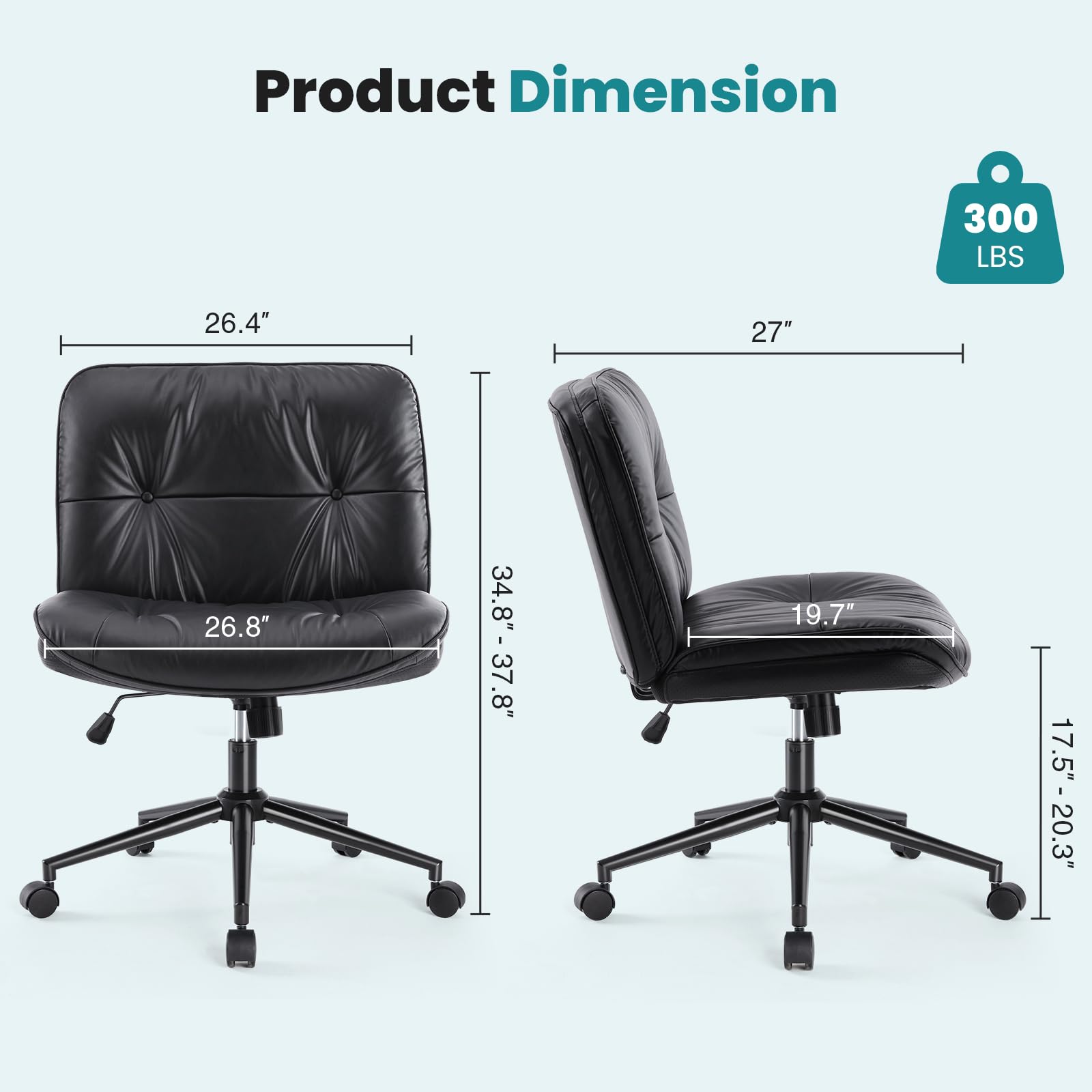 OLIXIS Ergonomic Swivel Office Chair with Wheels - Adjustable PU Leather Armless Desk Chair for Home Office, Rolling Vanity Seat - Perfect for Work, Study, and Makeup Stations