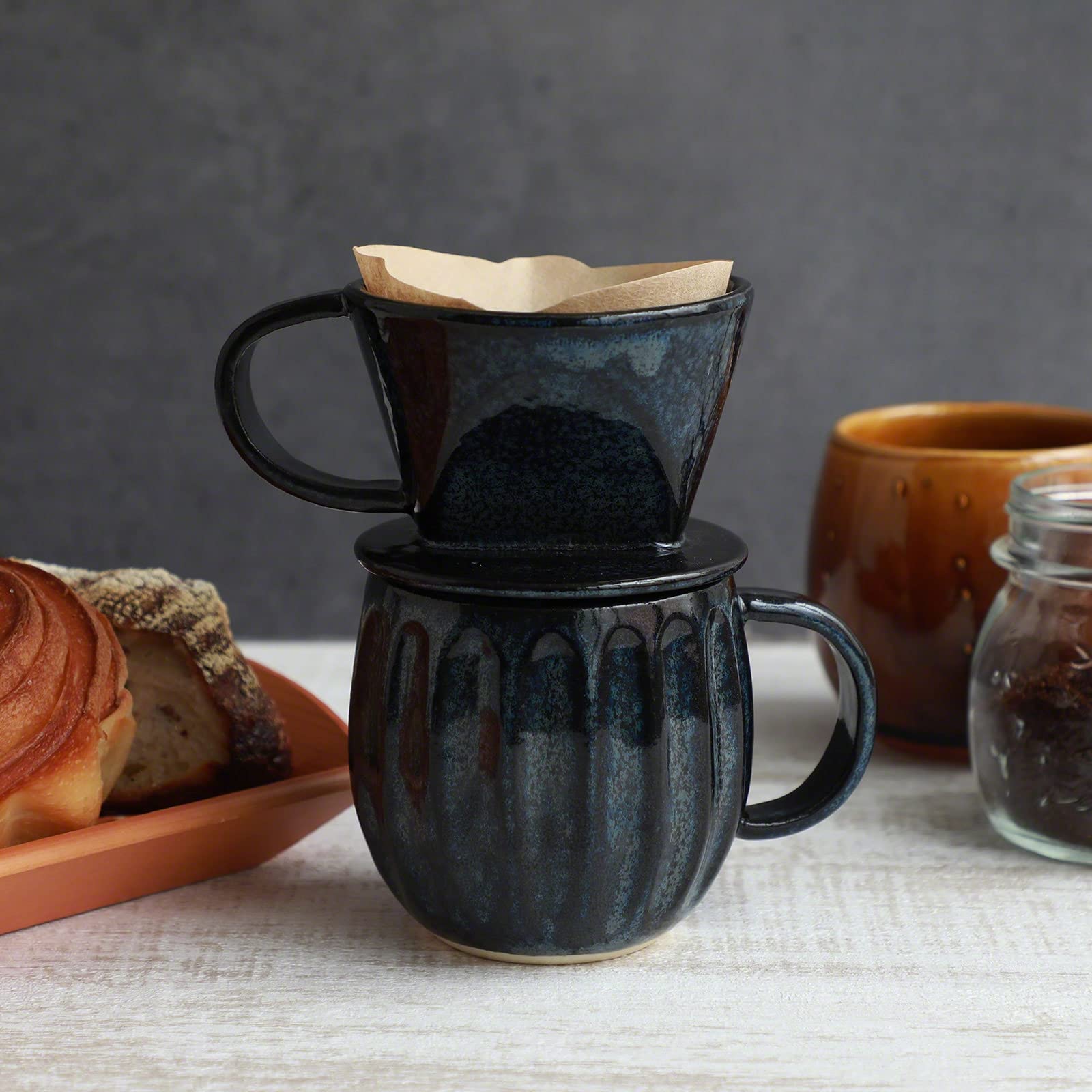 Premium Dark Navy Blue Ceramic Pour Over Coffee Maker Set - Slow Brew Dripper with 3-Hole Design for Perfect Coffee & Tea | Includes Paper Filter Holder | Ideal for Home Brewing, Office Use & Gift Giving