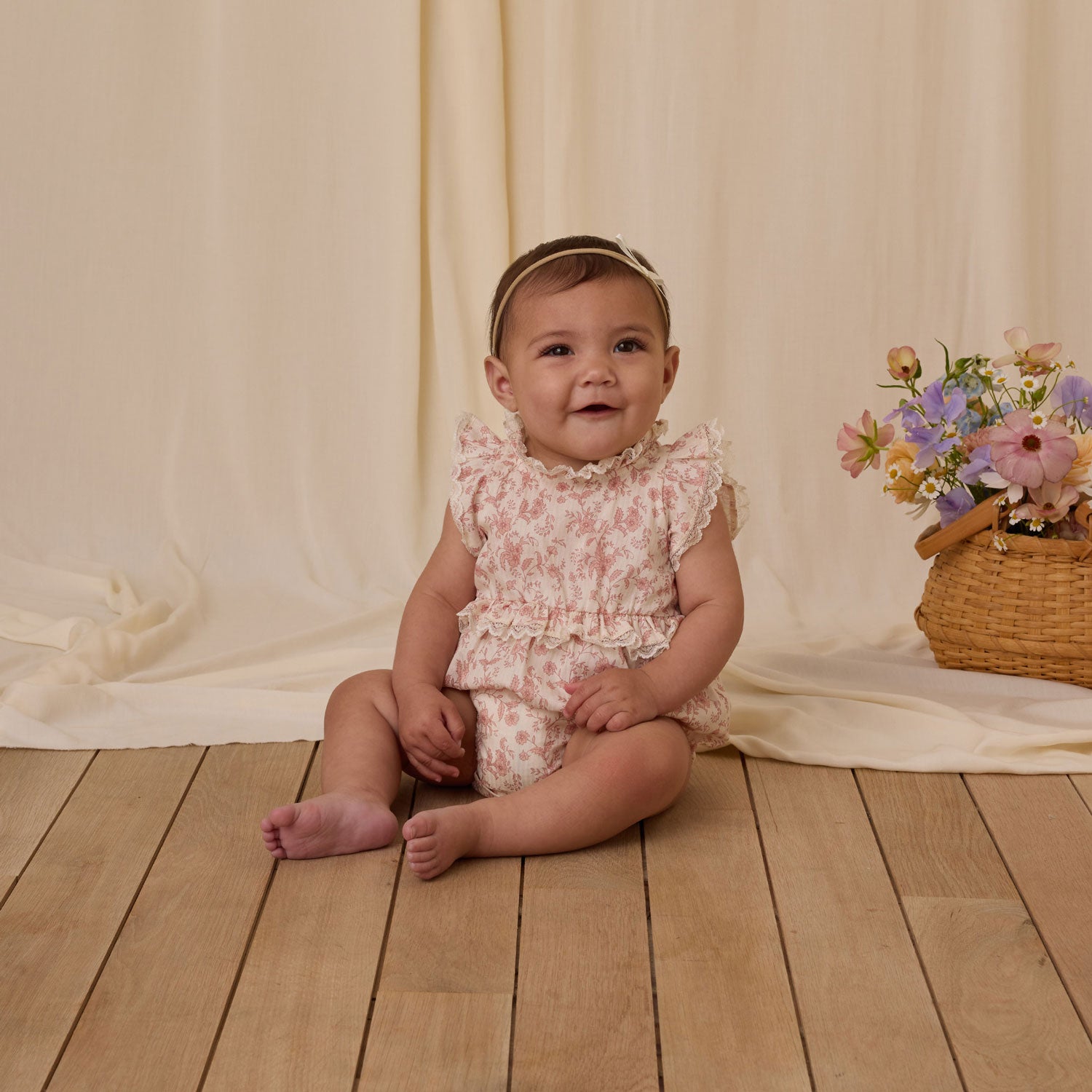 Alice Romper - Pink Toile Floral Print Baby Girls' Jumpsuit | Perfect for Spring Outfits, Photoshoots & Special Occasions