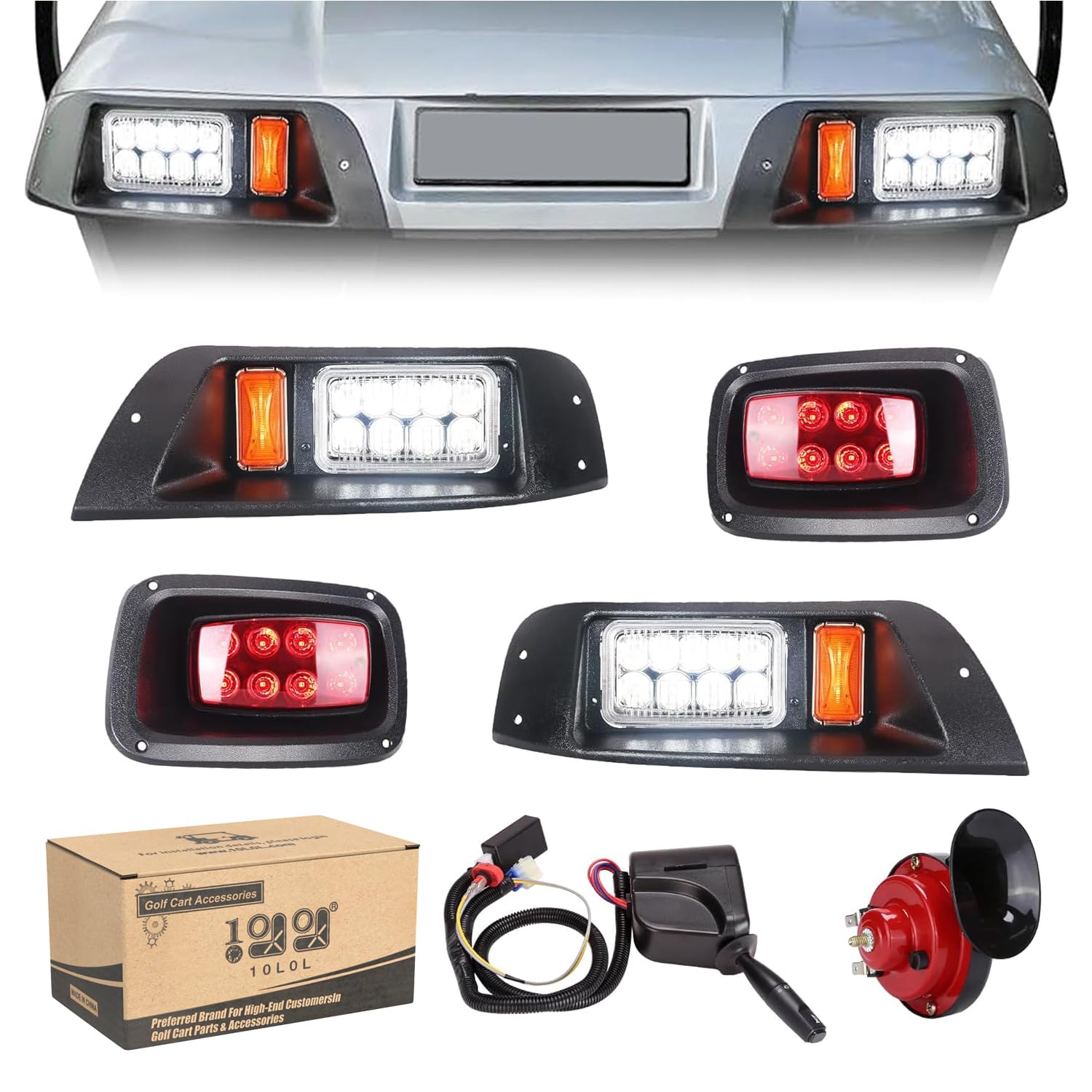 EZGO TXT Golf Cart Headlight & Tail Light Kit 10L0L for 1996-2013 Models - 12V Street Legal Lighting with Turn Signal Wiring Harness - Perfect for Night Driving & Neighborhood Cruising