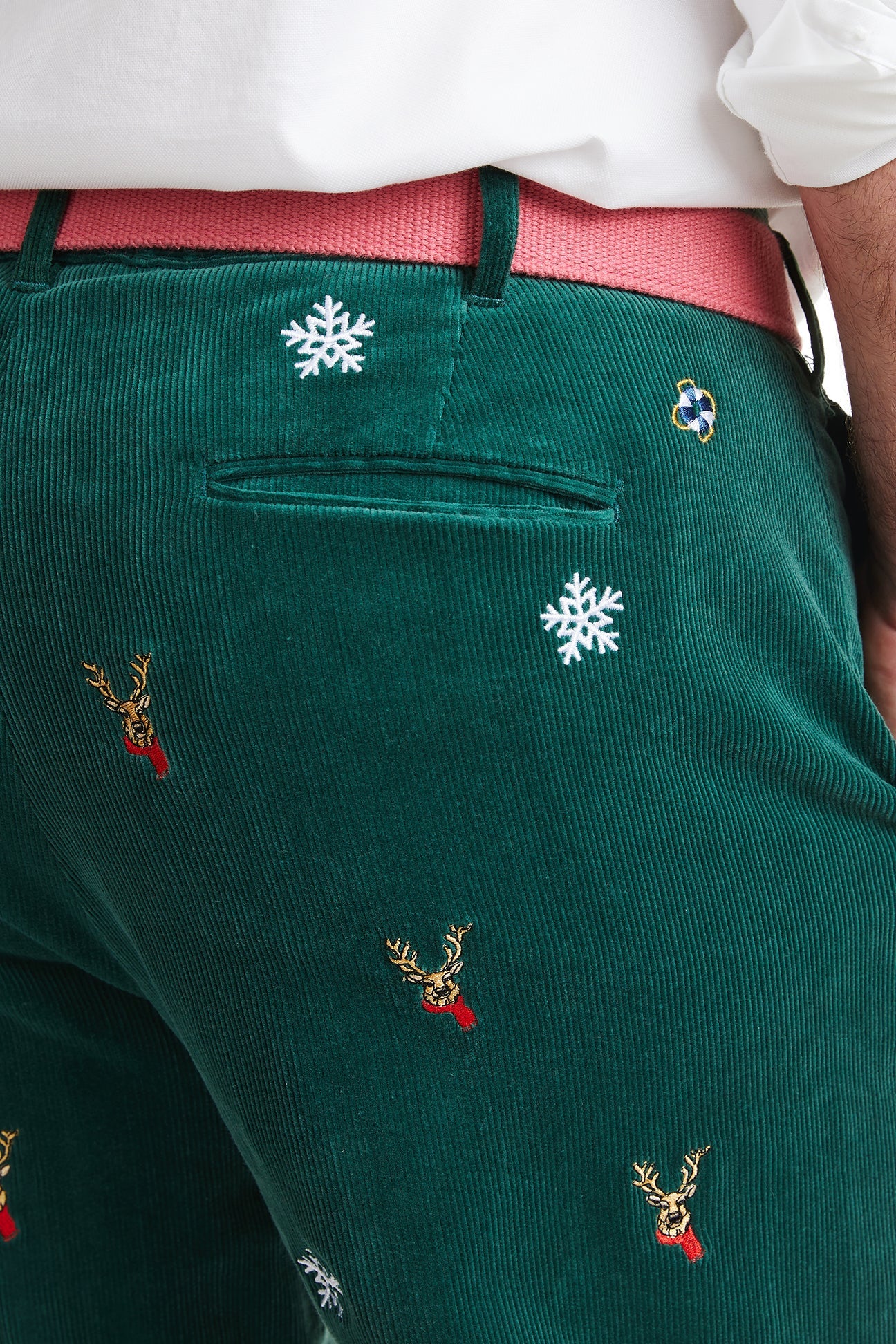 Beachcomber Corduroy Pants for Men - Hunter Green with Dasher & Snowflake Design - Perfect for Winter Outdoor Activities and Casual Wear