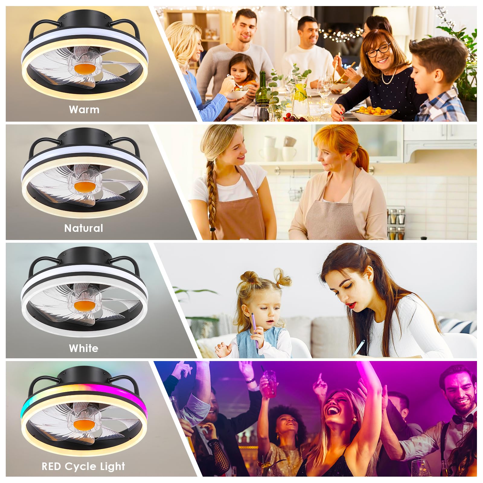 Modern Flush Mount Ceiling Fan with RGB Dimmable LED Light - 13