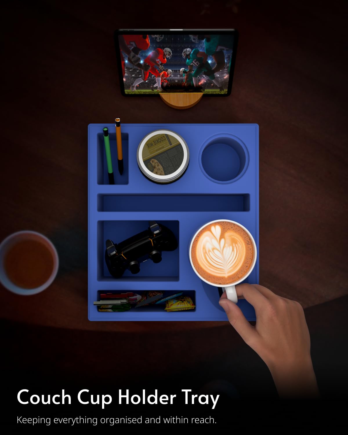 **Silicone Couch Cup Holder Tray - Multi-Functional Sofa & Bed Organizer Caddy with Drink Holder, Snack Tray & Remote Storage - Perfect for Living Room, Bedroom & Beach (Blue)**