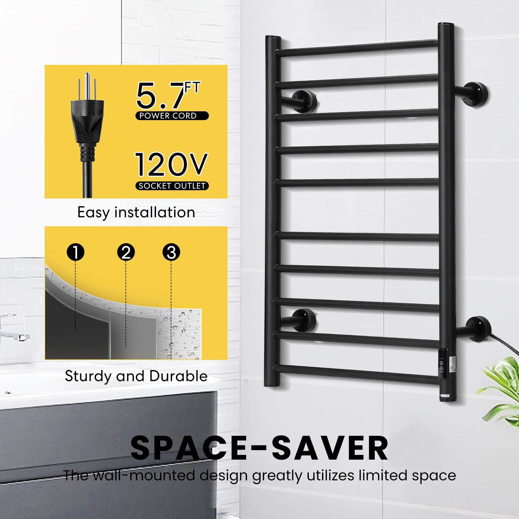 VIVOHOME Electric Heated Towel Rack - Wall Mounted Bathroom Towel Warmer with 10 Stainless Steel Bars - Fast Drying & Warm Towels - Perfect for Bathroom, Spa, Gym & Luxury Home Use (Black)