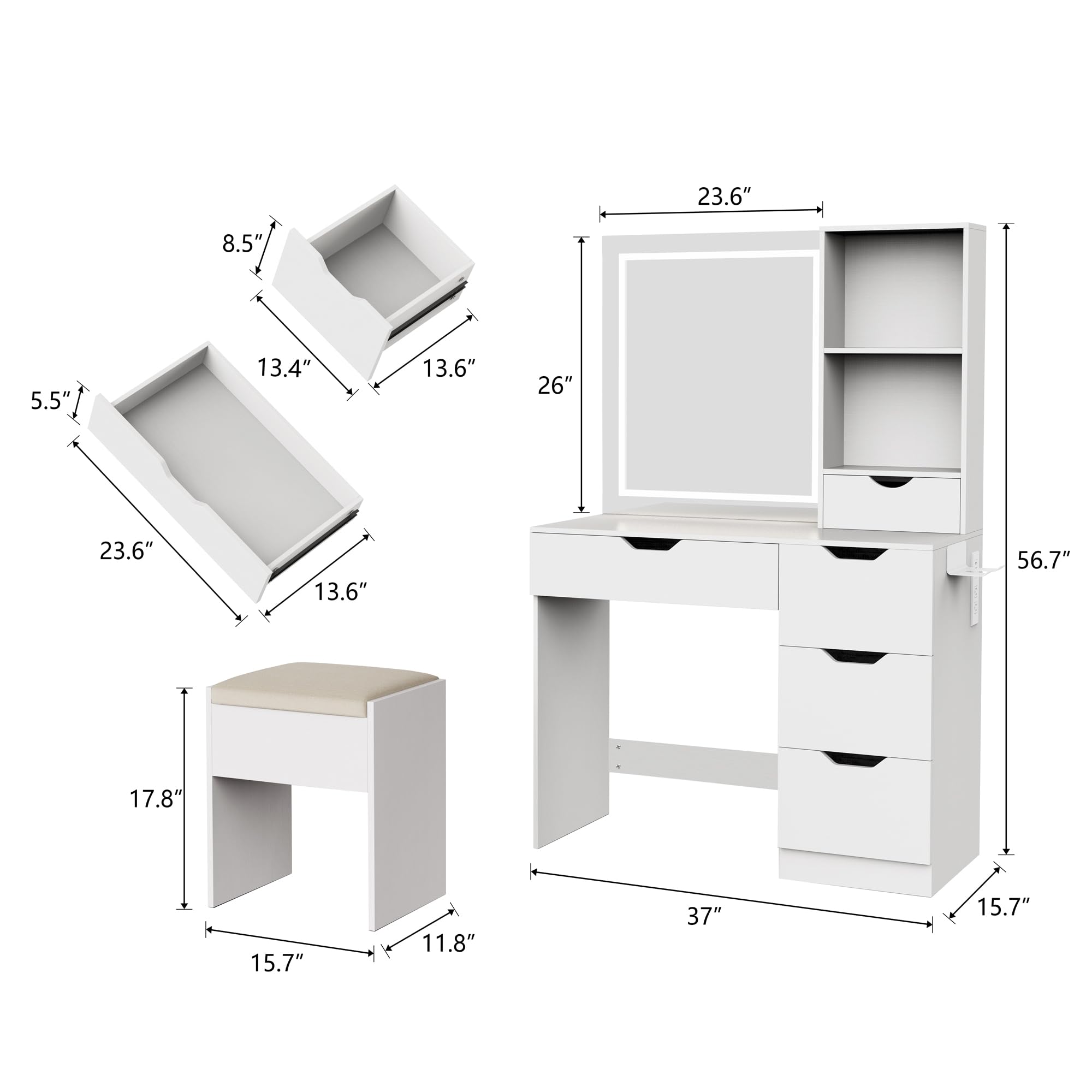 Vanity Desk with LED Lights Mirror & Power Outlet - 3 Adjustable Lighting Colors, 5 Storage Drawers, Makeup Vanity Set with Cushioned Stool - Perfect for Bedroom, Dressing Room & Home Salon (White)