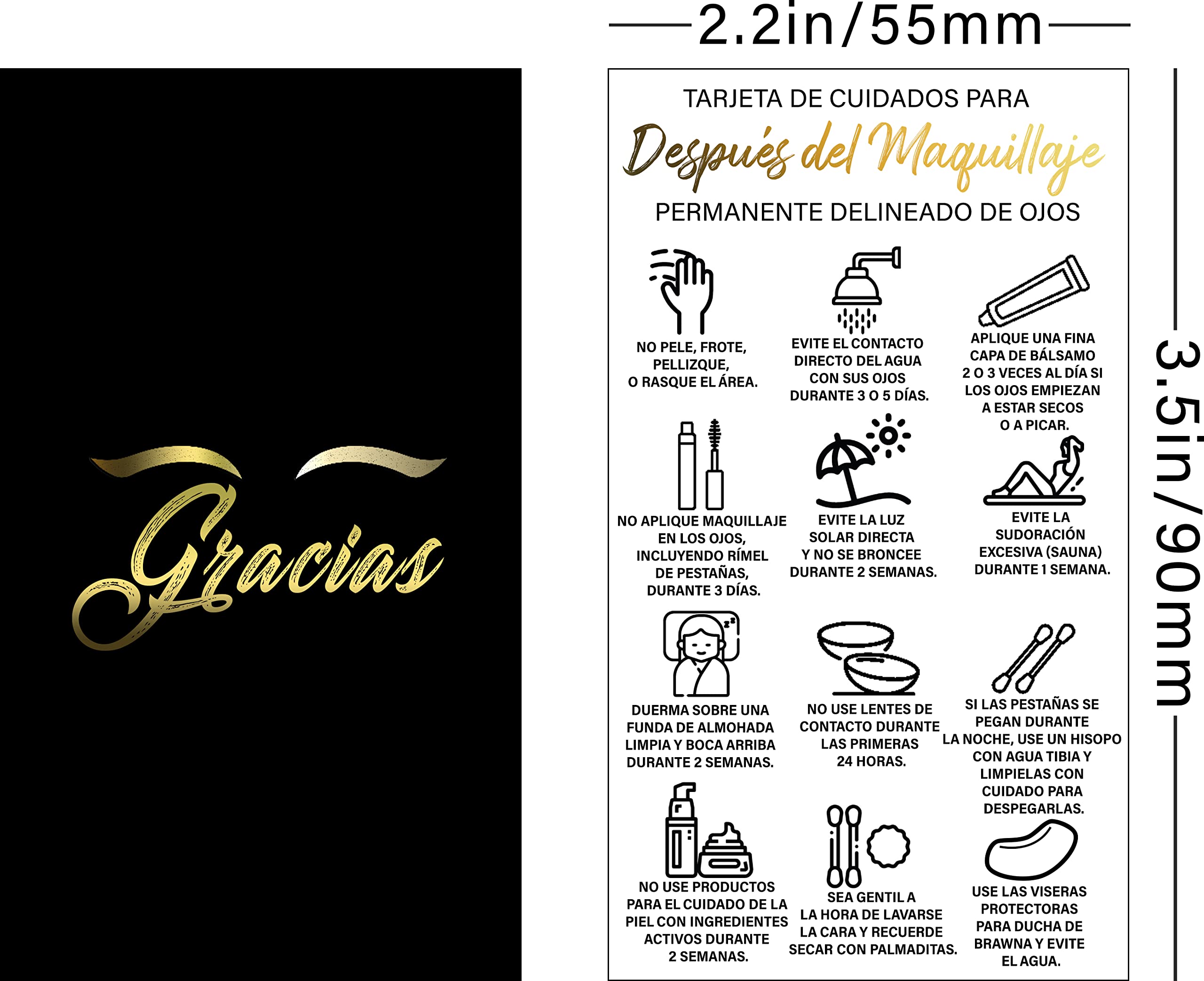 BRAWNA 100 Pack Spanish PMU Eyeliner Aftercare Thank You Cards - Permanent Makeup Aftercare Cards for Microblading & Eyeliner Tattoo - Black - Perfect for PMU Artists & Clients (Salon Use, Client Gifts, Aftercare Reminders)