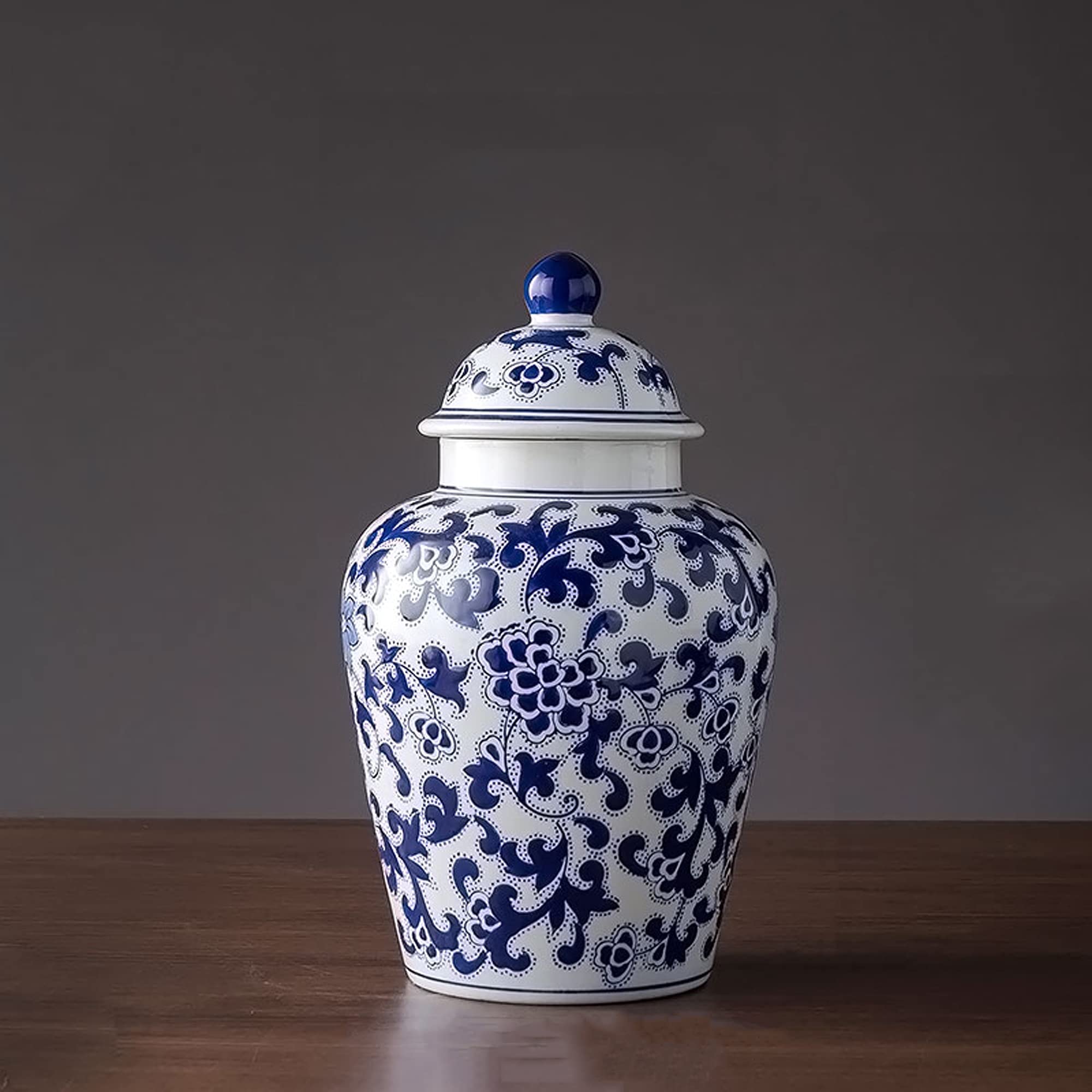 Blue and White Porcelain Ginger Jar with Lid - 14 Inch Decorative Ceramic Vase for Home Decor, Chinese Temple Jar | Perfect for Living Room, Dining Table, or Office Display