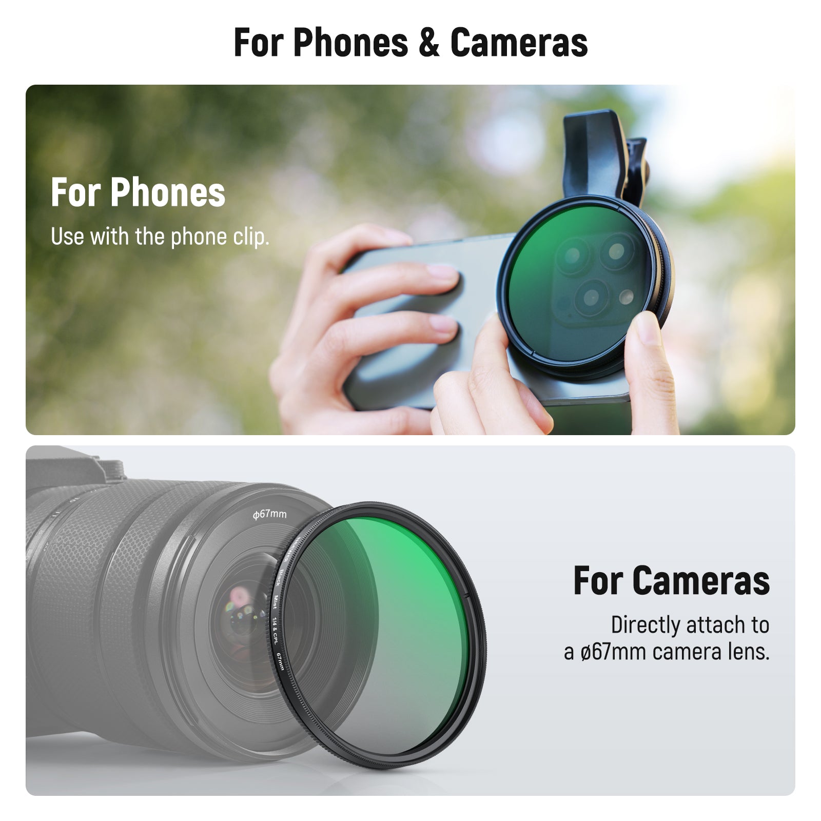 NEEWER 2-in-1 67mm Clip-On CPL & Black Mist Diffusion 1/4 Filter for Smartphone Camera - Enhance Photos & Videos for Social Media, Vlogging, and Professional Photography