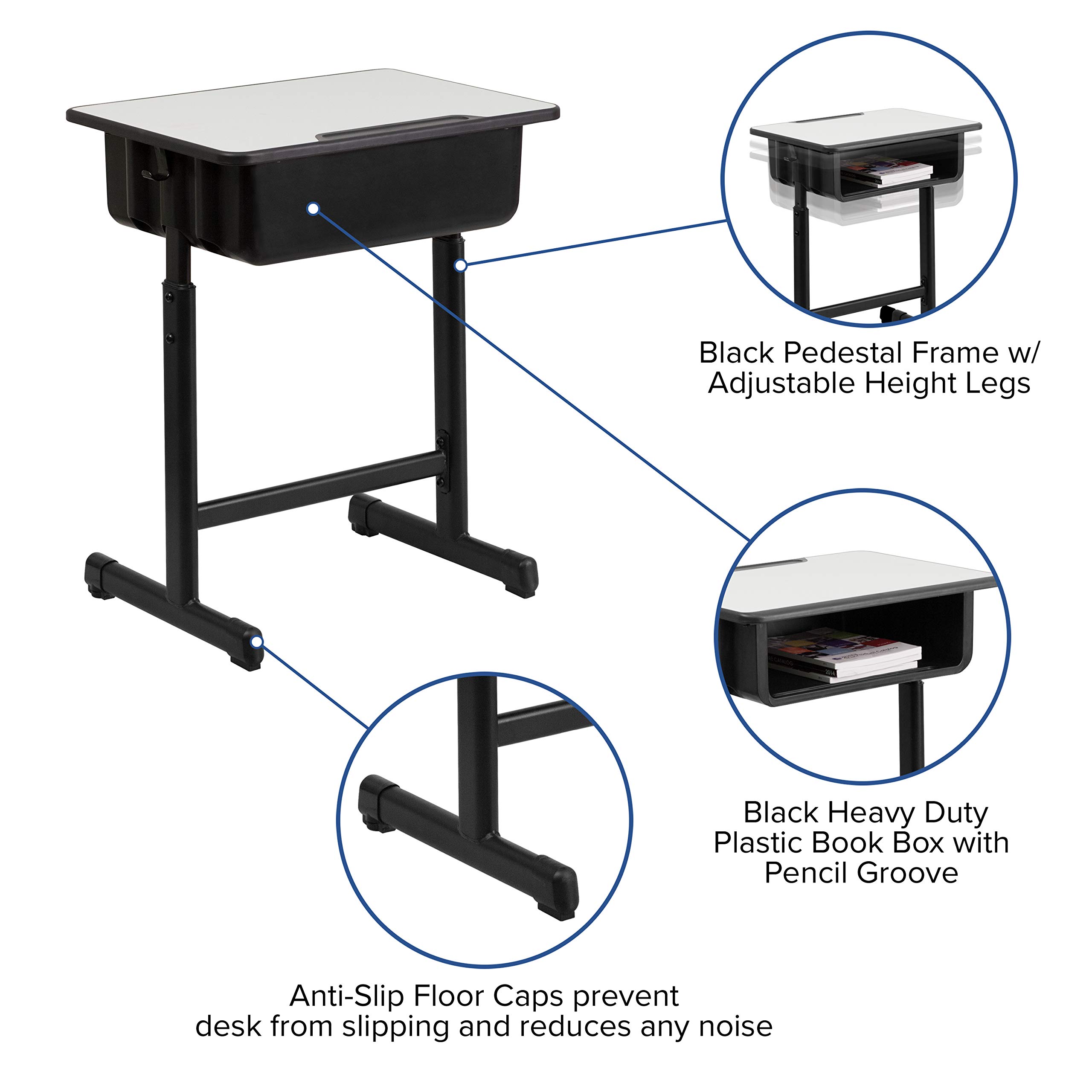 Adjustable Height Grey Student Desk with Black Pedestal Frame - Perfect for Home Study, Online Learning & Small Spaces - EMMA + OLIVER