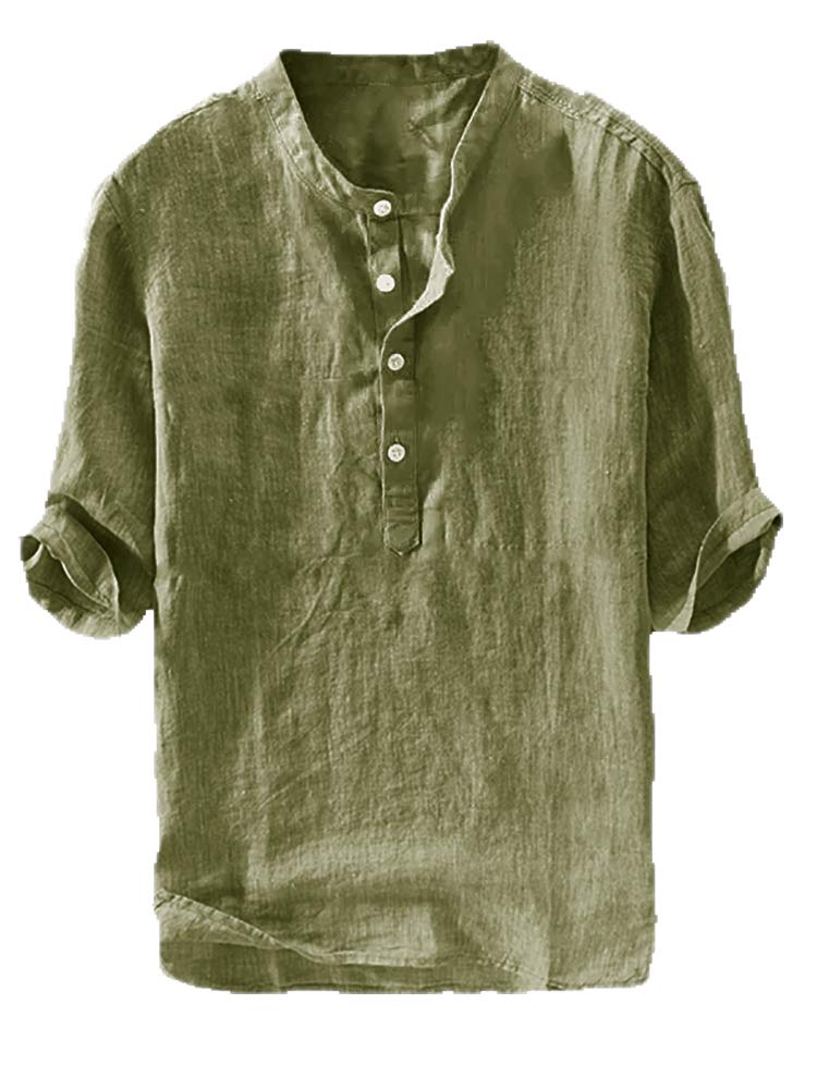 Ryannology Men's Linen Shirts - Casual 3/4 Sleeve Cotton Henley T-Shirt for Summer | Lightweight Breathable Beach & Yoga Top | Perfect for Outdoor Activities, Vacation & Relaxation