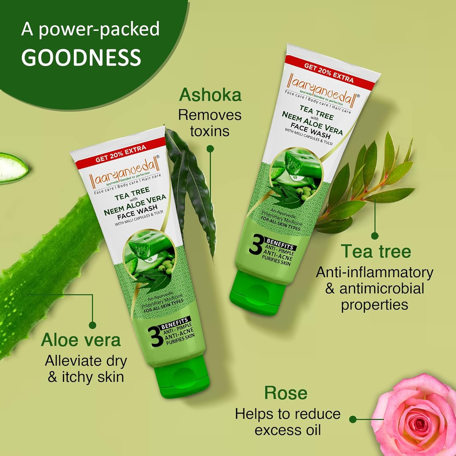 Aryanveda Tea Tree & Whitofair Face Wash Duo - 120 Gm Each, Pack of 2 with Neem & Aloe Vera Extracts for Acne-Prone Skin - Perfect for Daily Cleansing & Brightening Routine
