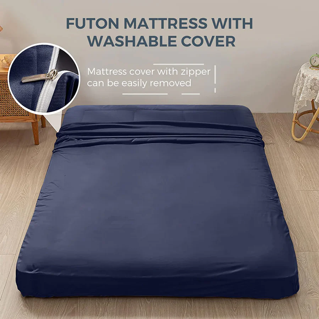 MAXYOYO Japanese Floor Futon Mattress - Thick Padded & Portable Navy Blue Floor Bed for Guest Room, Dorm, Camping & Travel
