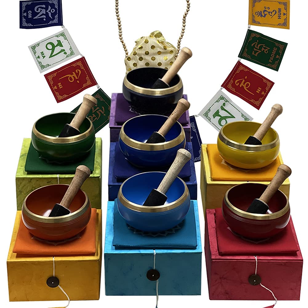 Chakra Singing Bowls Set - Tibetan Meditation Bowl with Cushion, Mallet, Tulsi Mala Beads & Prayer Flag for Yoga, Mindfulness & Spiritual Healing (Medium Size)