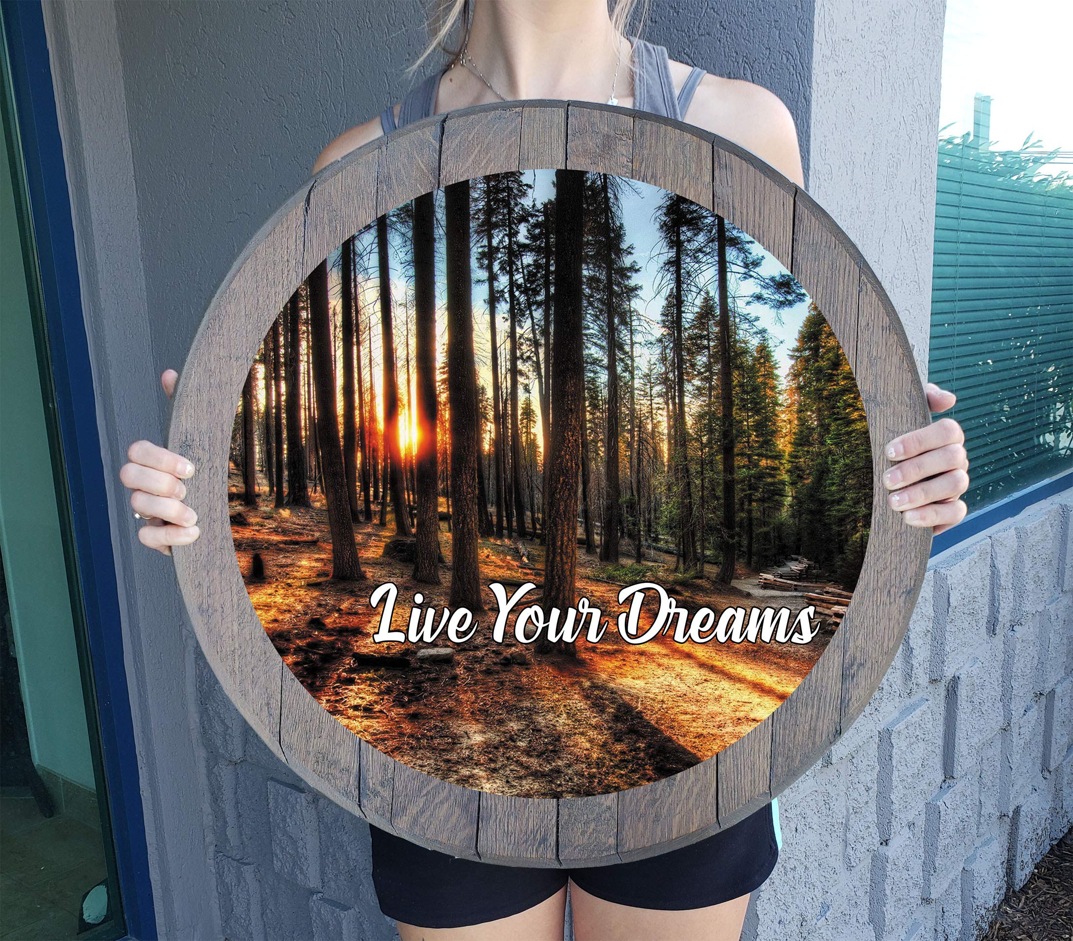 Rustic Pinetree Forest Sun Wall Art - Distressed Barnwood Gray Whiskey Barrel Lid Decor for Man Cave, Bar & Home - Perfect for Cabin, Basement & Western Themed Rooms