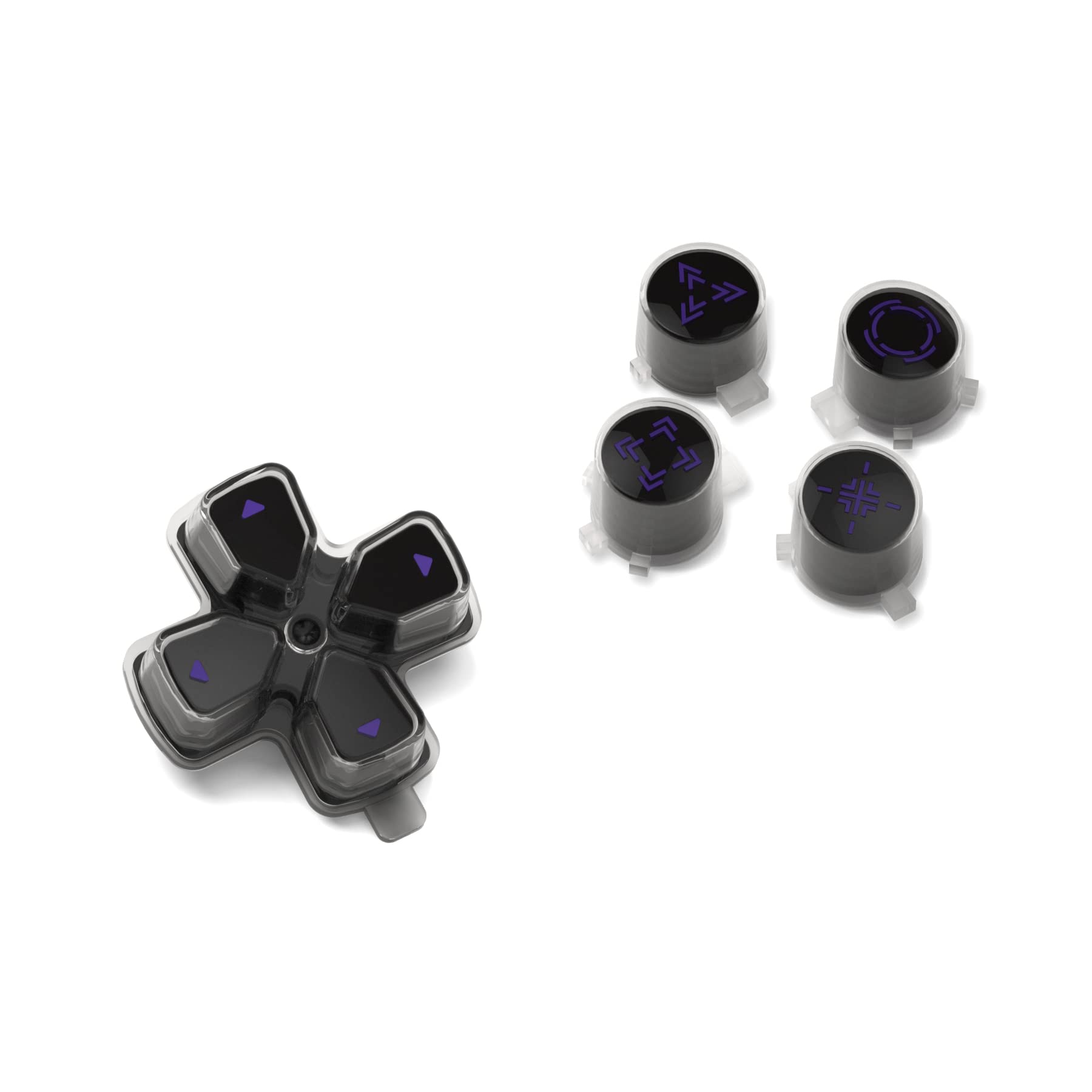 eXtremeRate Custom D-Pad & Action Buttons for PS5 Controller - Black & Clear with Purple Symbols | Enhanced Gaming Performance for FPS, Fighting & Racing Games