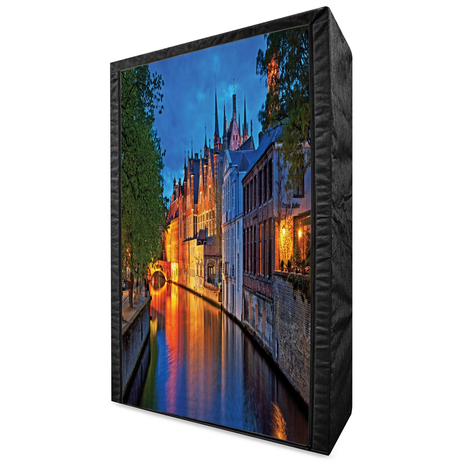 Ambesonne Medieval Portable Fabric Wardrobe with Shelves - 42.5 Inch Multicolor Clothing Organizer & Storage Closet | Middle Age Building Night View of Bruges Heritage Old Town | Perfect for Bedroom, Dorm, or Apartment Organization