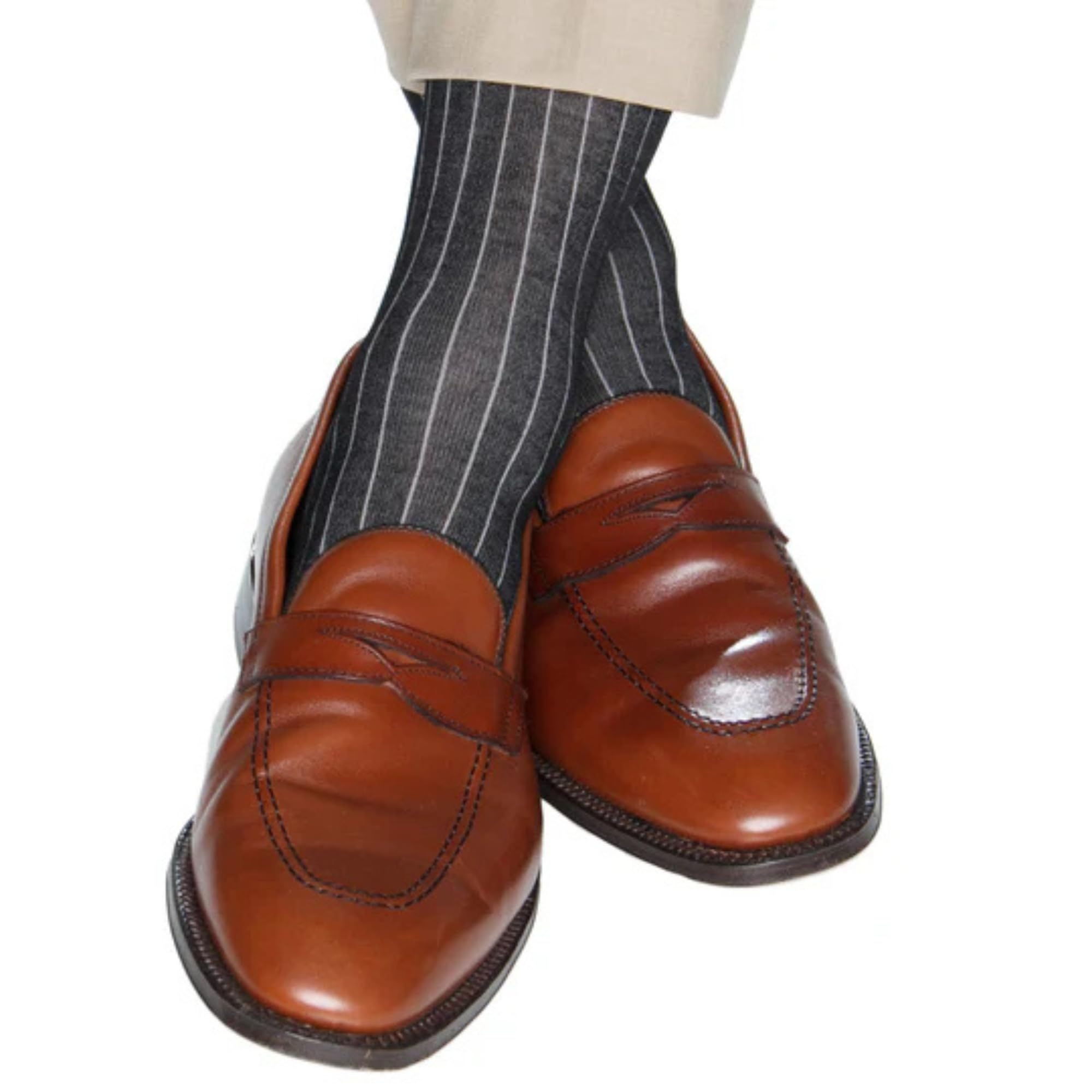 Trafalgar Men's Nigel Over The Calf Vertical Stripe Mercerized Cotton Socks - Premium Dress Socks for Business & Formal Occasions