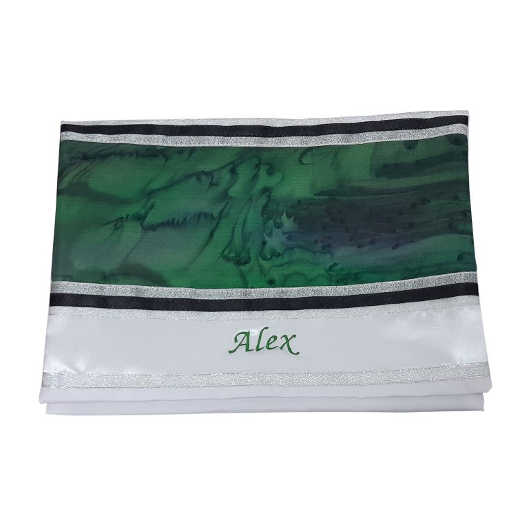 Hand-Painted Silk Tallit Bag for Bar Mitzvah - Green Marble Design with Personalization - Perfect for Jewish Religious Ceremonies & Special Occasions