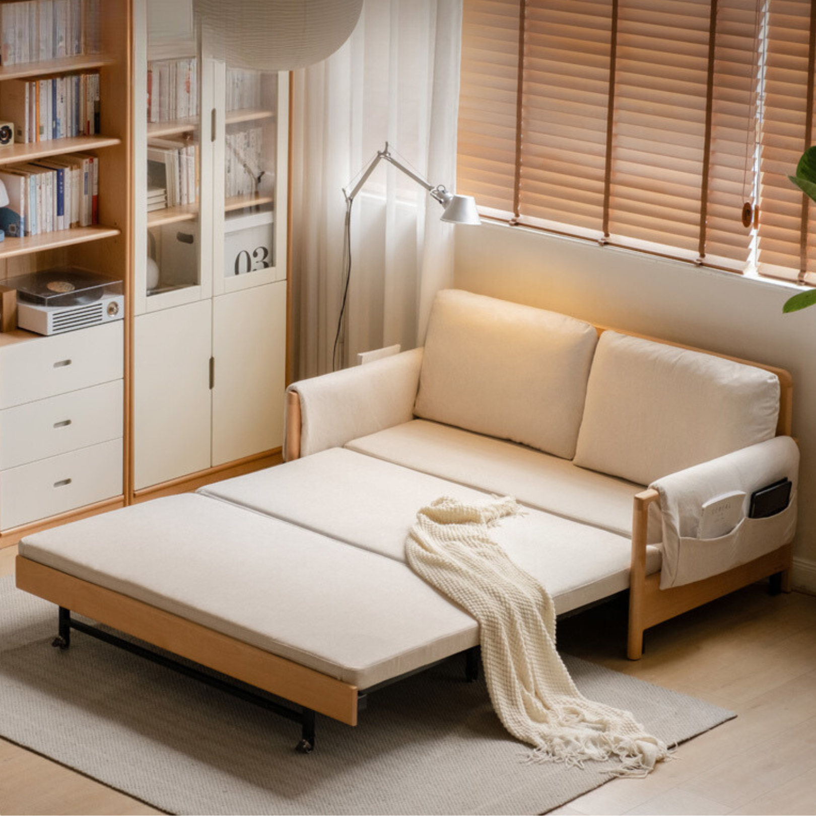 Modern Beech Solid Wood Sofa Bed - Convertible Sleeper for Small Spaces, Guest Room & Studio Apartments