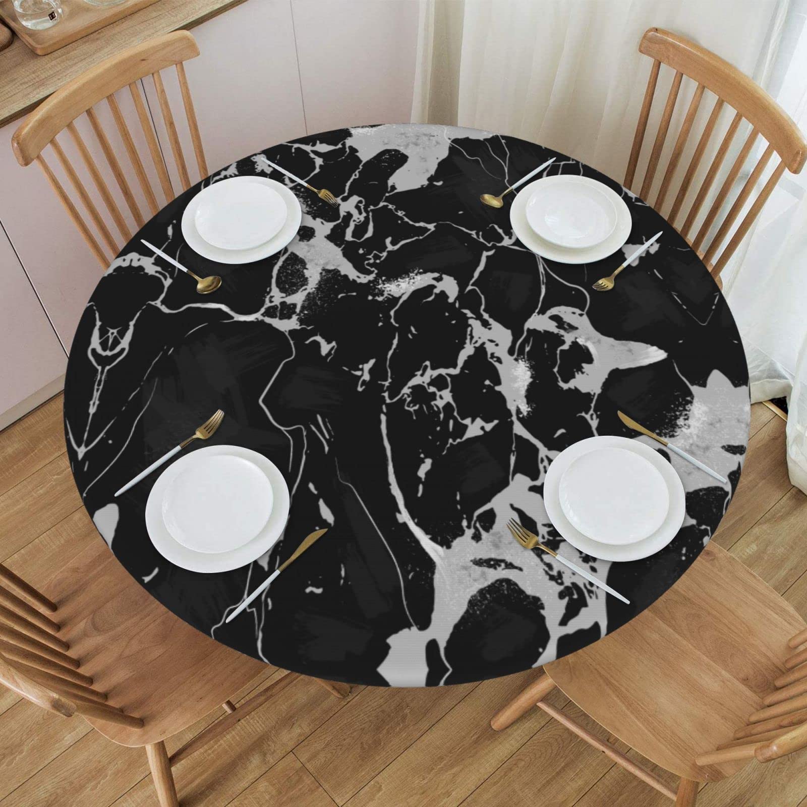 Fiokroo Black Marble Texture Elastic Edge Round Tablecloth - Washable & Reusable Table Cover for Kitchen, Dining, Party, Picnic (Small) - Perfect for Indoor and Outdoor Gatherings