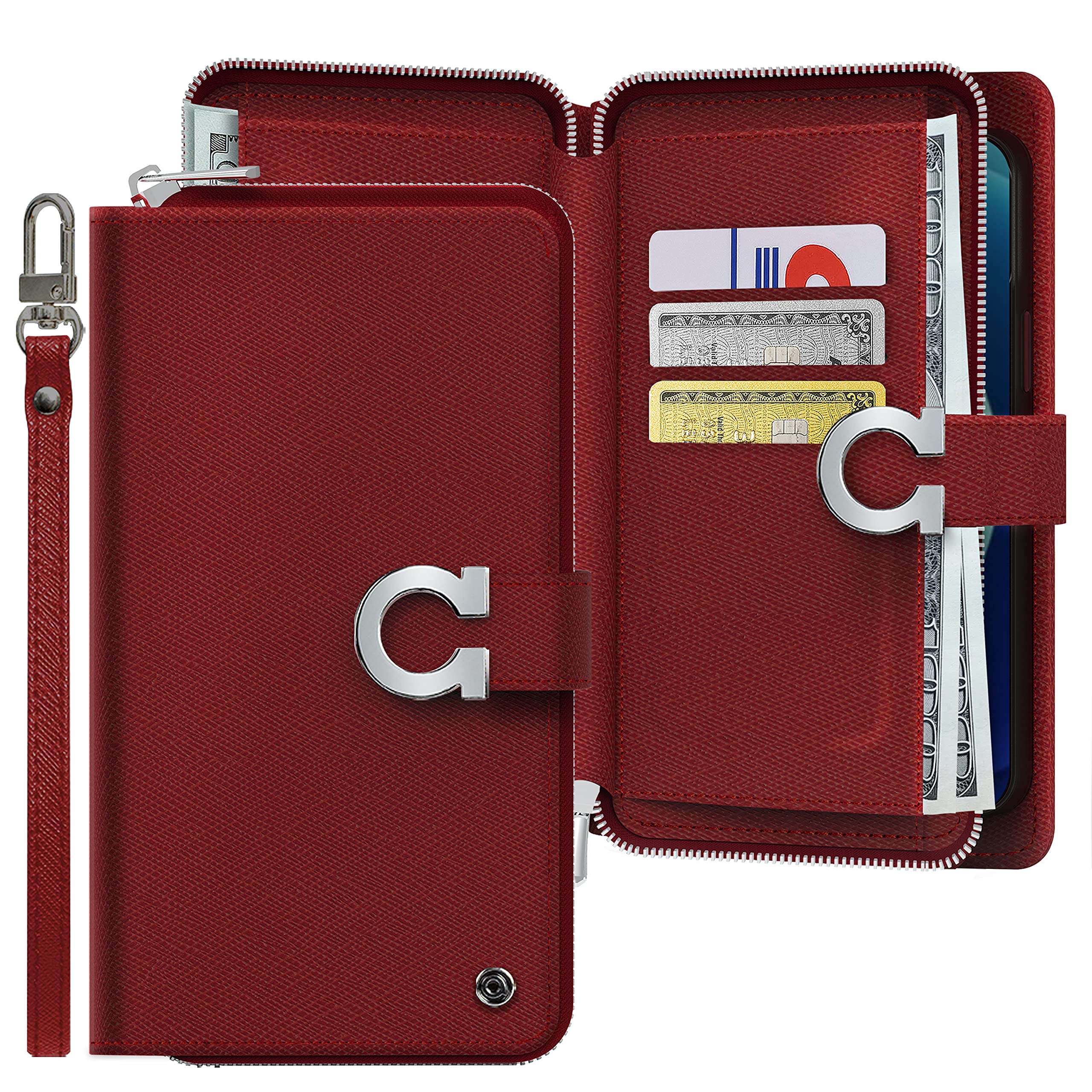 Premium PU Leather Galaxy Note 8 Wallet Case with Zipper Closure, Card Holder & Strap - Burgundy Flip Cover Folio for Protection & Style | Perfect for Business, Travel & Everyday Use