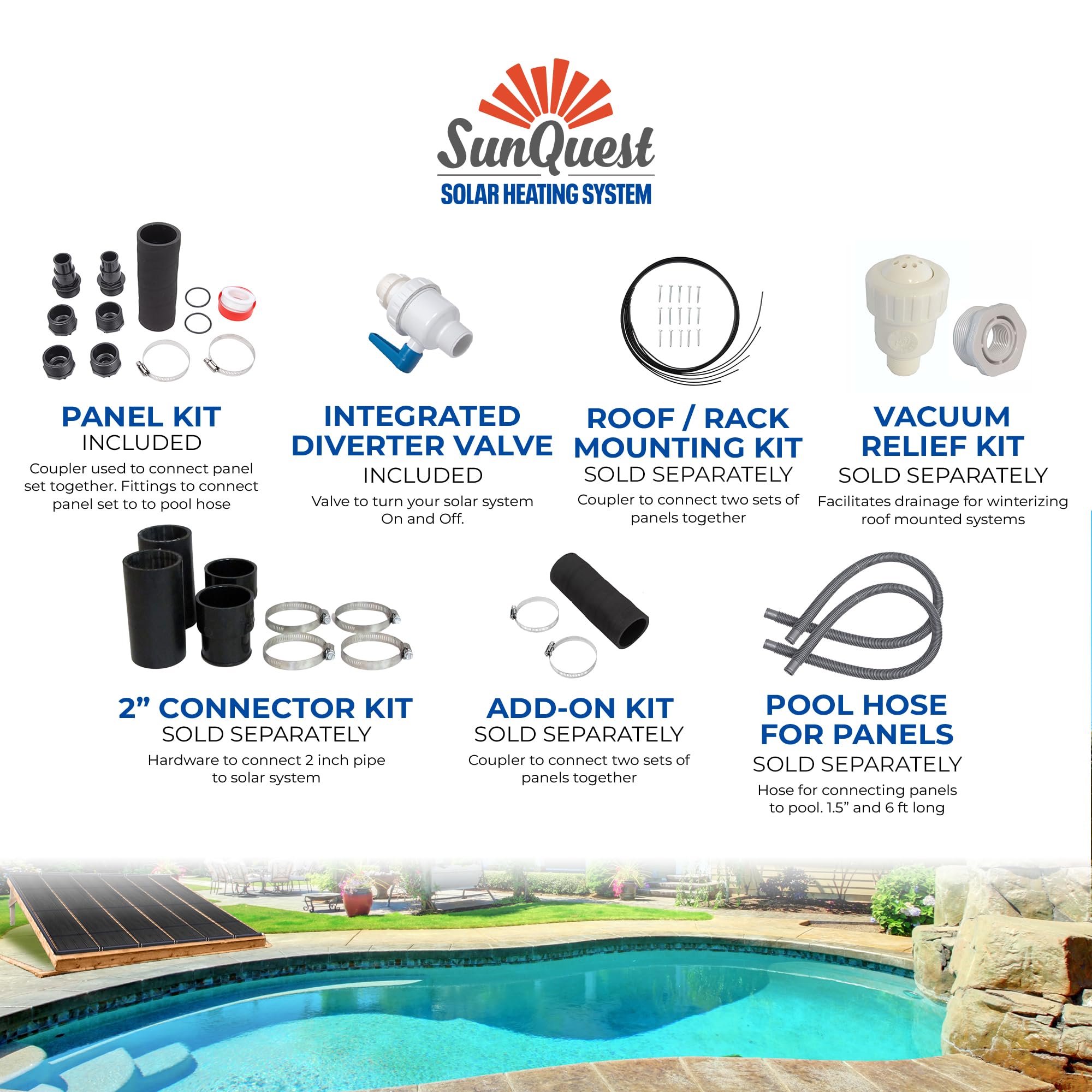 SunQuest Solar Pool Heater Panels - 2 Pack High Efficiency Solar Water Heating System for Above Ground Pools with Max-Flow Design (2'x20') - Includes Couplers & Diverter Valve - Perfect for Extending Swimming Season & Energy Savings