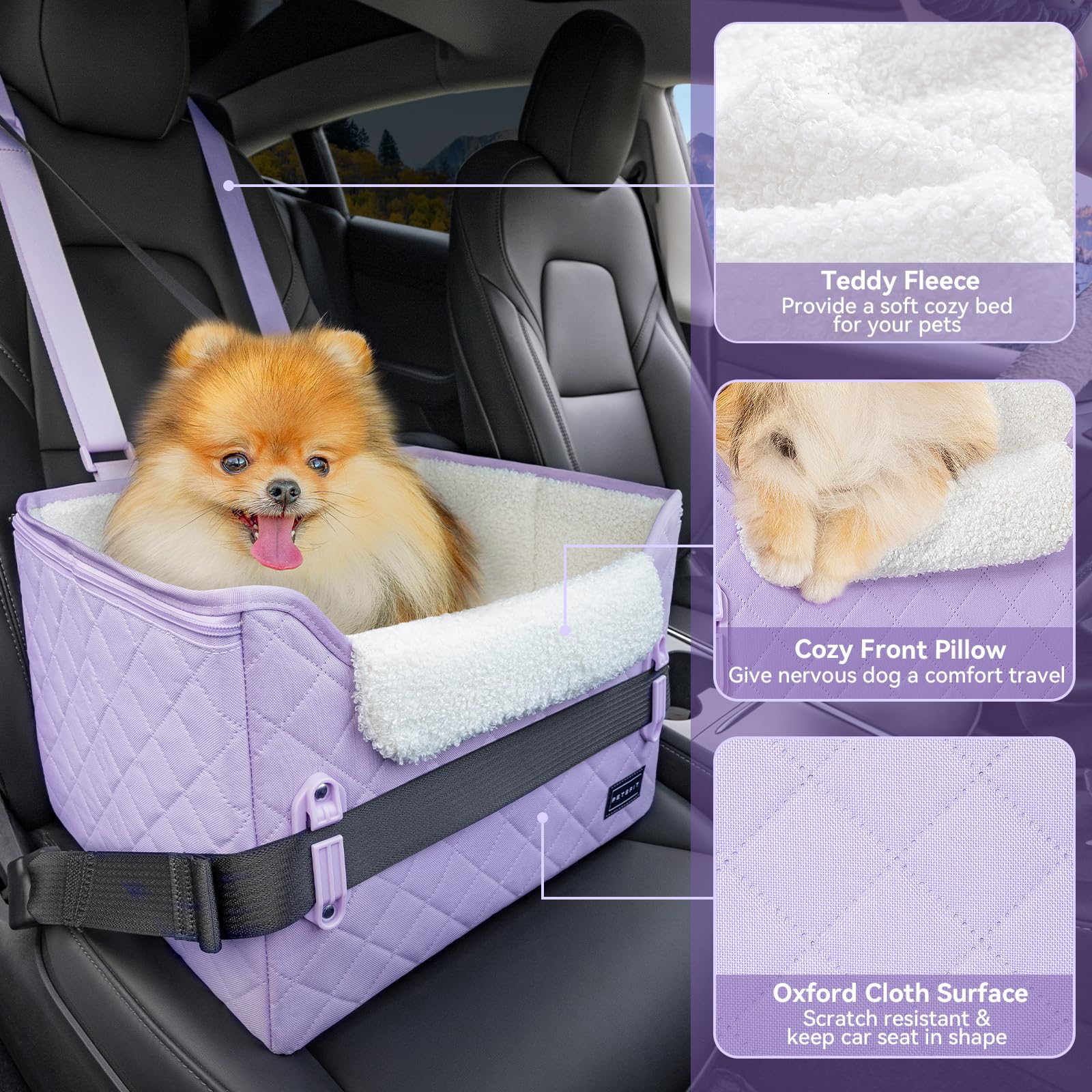 **Petsfit Small Dog Car Seat Booster - Portable Pet Travel Carrier with Clip-On Leash & Adjustable Straps for Small Dogs Up to 25lbs (Lavender Purple) - Perfect for Road Trips & Safe Car Rides**