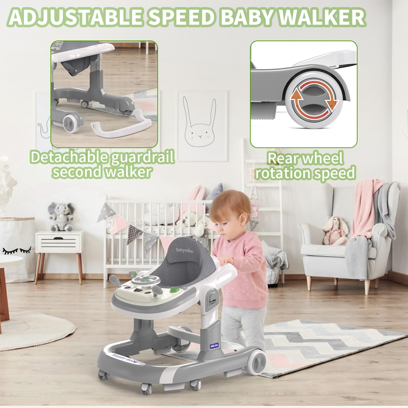 Foldable Baby Walker with Wheels - 5 Modes, Music & Adjustable Height (6-12 Months) | Includes Push Handle, Bouncer, Food Tray & Sunshade | Perfect for Learning to Walk & Indoor Play (Grey)