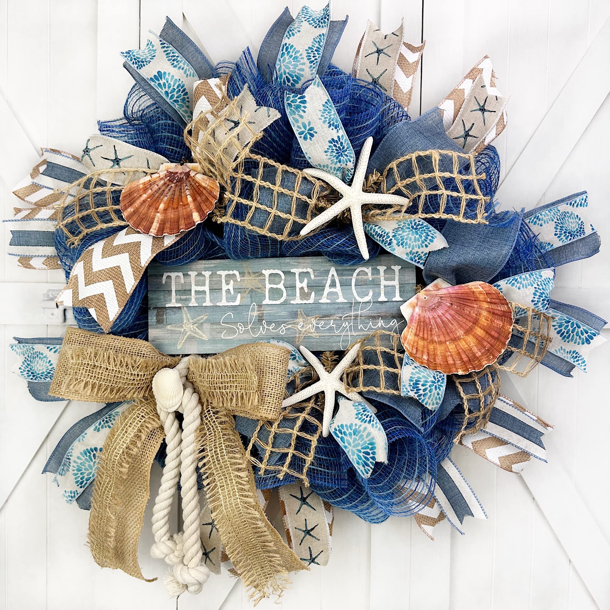 Handmade Blue Burlap Coastal Wreath - Nautical Rope, Starfish & Seashells Decor | 'The Beach Solves Everything' Beach House Wall Art | Perfect for Coastal Home Decor, Beach Cottage, Porch or Door Hanging