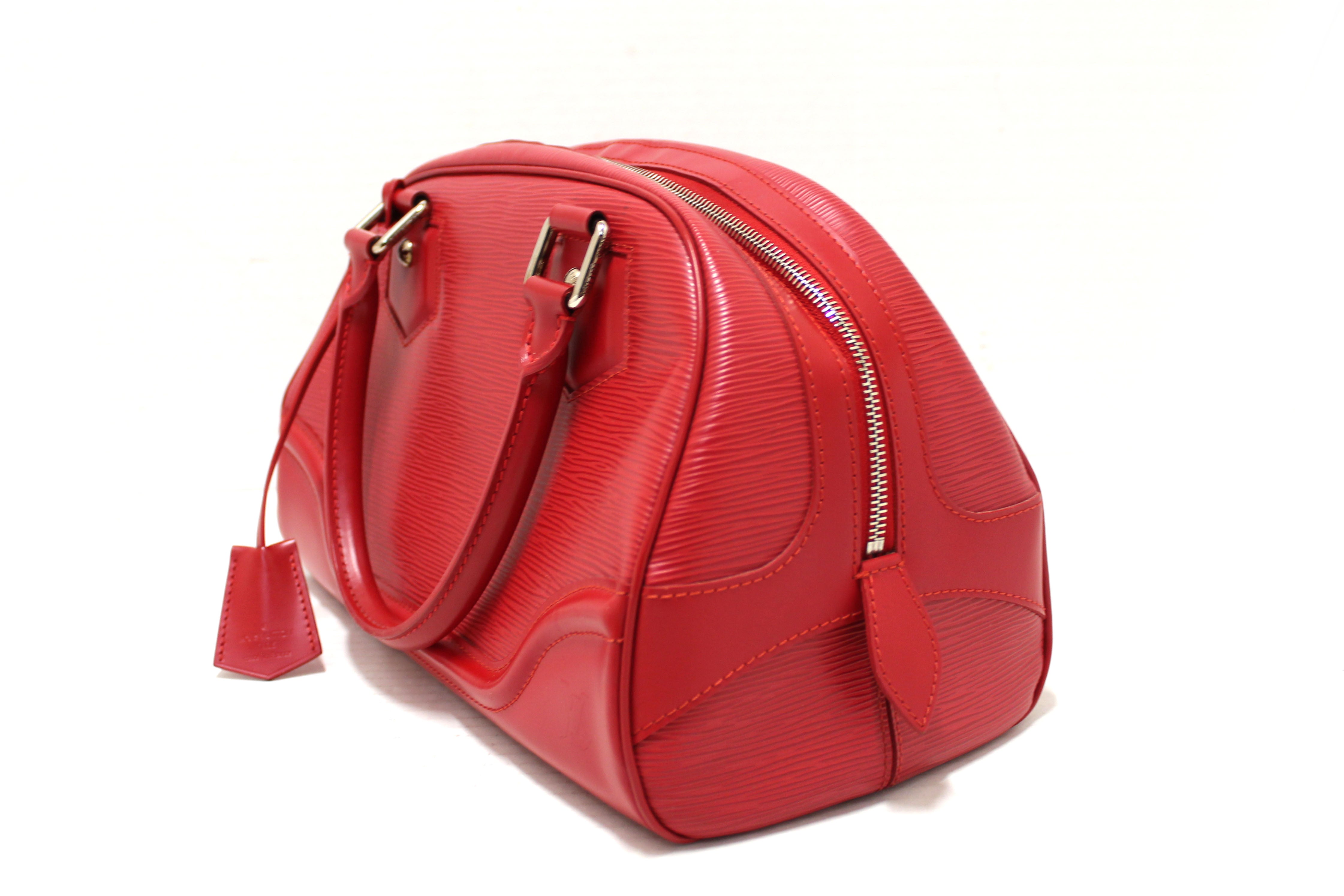 Authentic Louis Vuitton Red Epi Leather Montaigne PM Bowling Handbag for Women | Luxury Designer Crossbody Bag | Perfect for Work, Travel & Evening Events