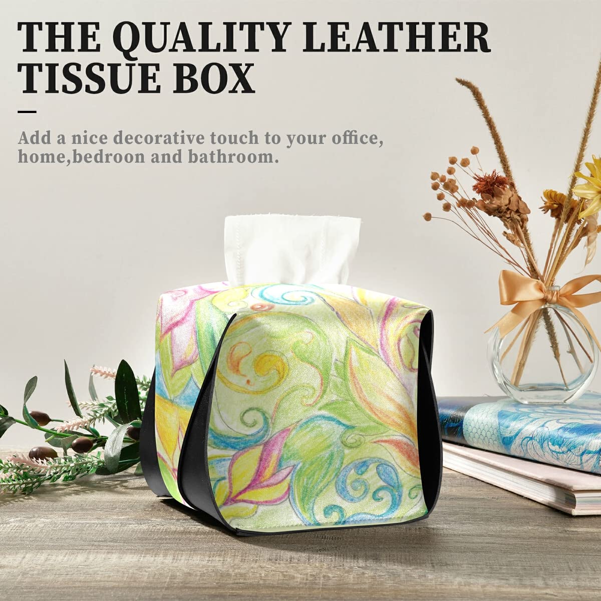 Floral PU Leather Tissue Box Cover - Rectangle Hanging Tissue Holder Dispenser for Bathroom, Bedroom, Dresser - 9.4x5.1x3.6 Inches - Perfect for Home Decor & Gift Giving