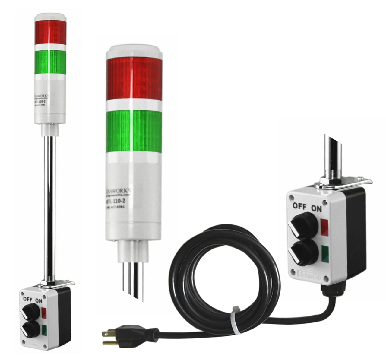 Signaworks 2 Stack LED Andon Tower Light - Red/Green, Off-Steady On Mode, 8ft Industrial Power Cord with 3-Prong Plug (OHSA Compliant) - Plug & Play Ready for Factory Assembly Lines, Warehouse Alert Systems & Manufacturing Safety Monitoring (Assembled in USA)