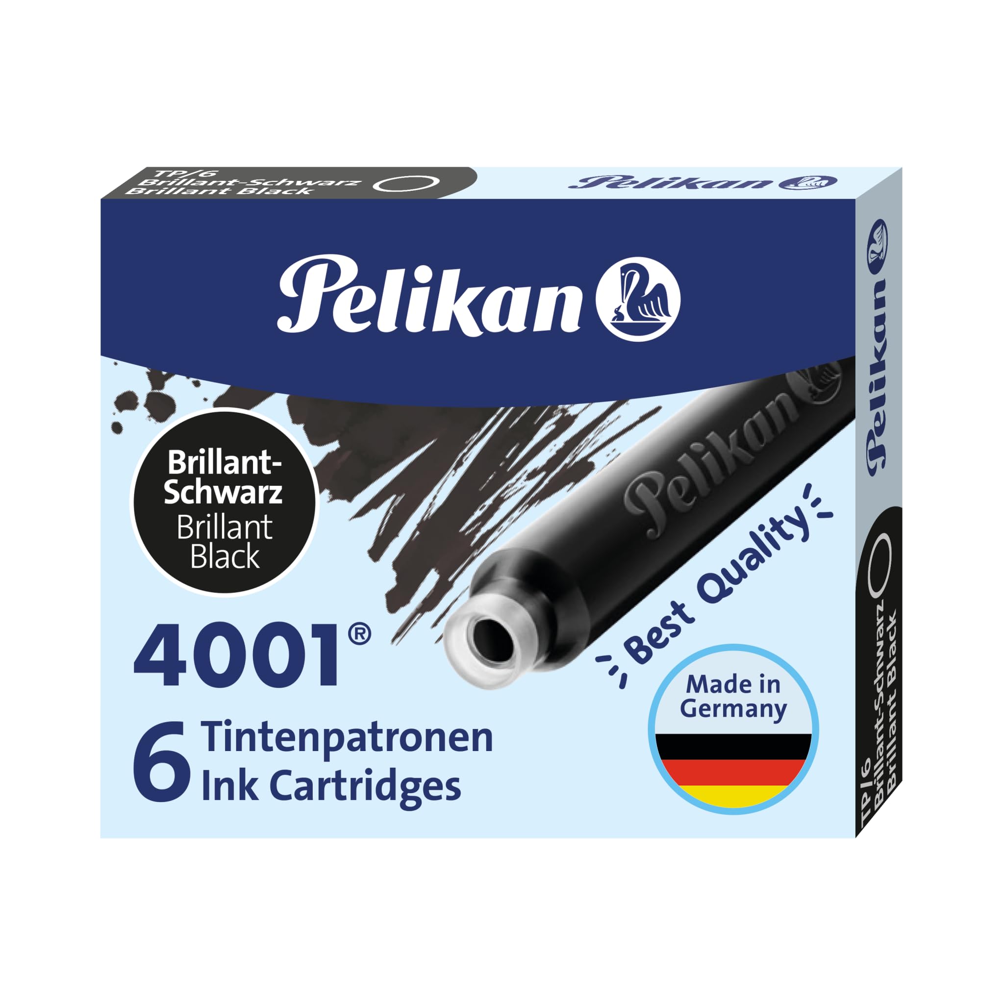 Pelikan 4001 TP/6 Fountain Pen Ink Cartridges - Brilliant Black, 0.8ml (6 Pack) - Smooth Writing for School, Office & Calligraphy | Model 301218