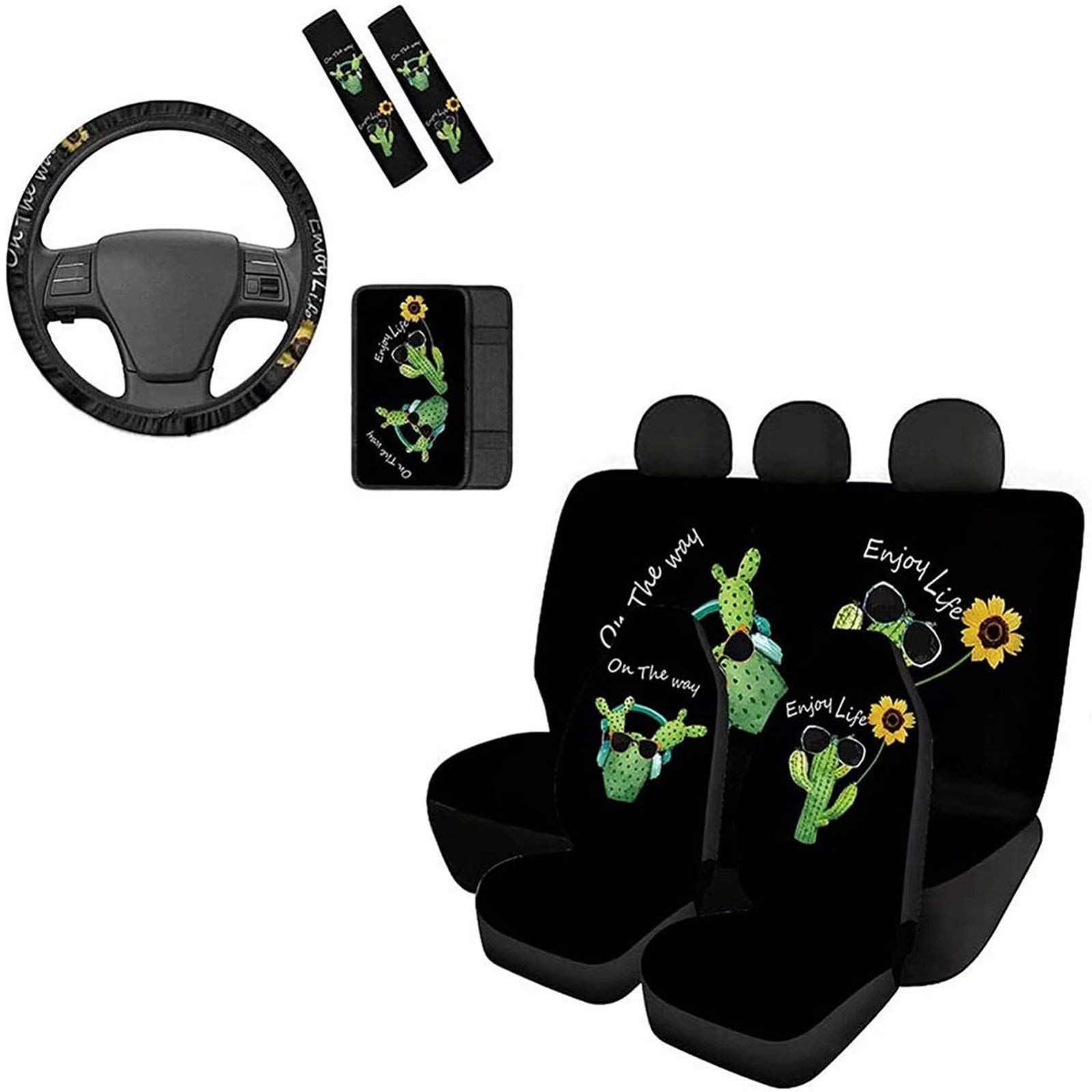 Dolyues 8-Piece Black Steering Wheel Cover Set for Women - Cute Cactus Floral Design, Seatbelt Pads & Bucket Car Seat Covers for Front & Back Seats, Armrest Cover - Perfect for Car Interior Decoration & Comfort Enhancement