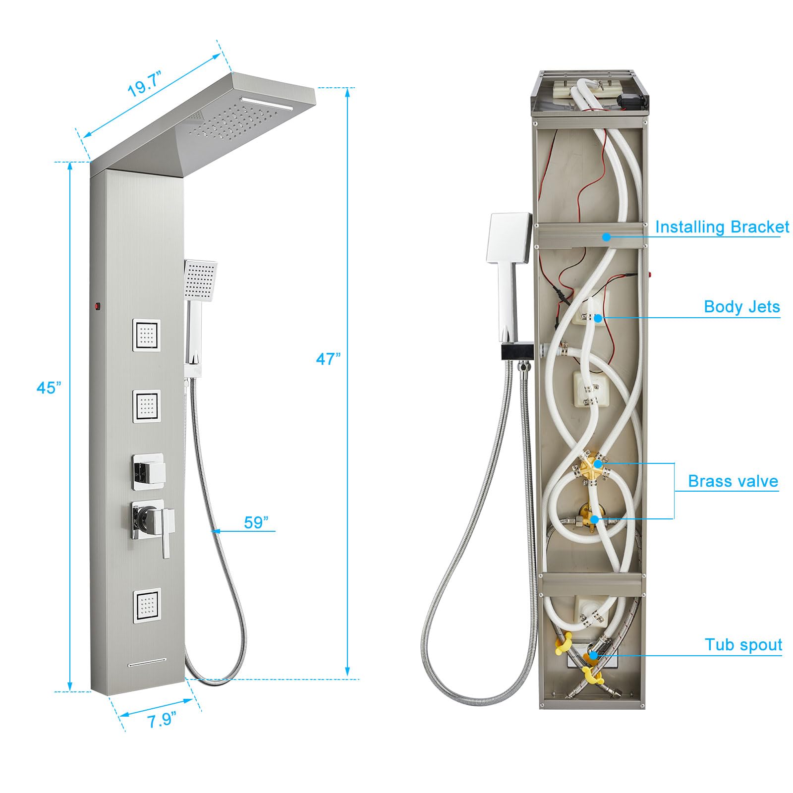 5-in-1 LED Shower Panel Tower System with Rainfall Shower Head, Waterfall Shower, 3 Massage Jets & Handheld Spray - Perfect for Modern Bathroom Renovation & Spa Experience
