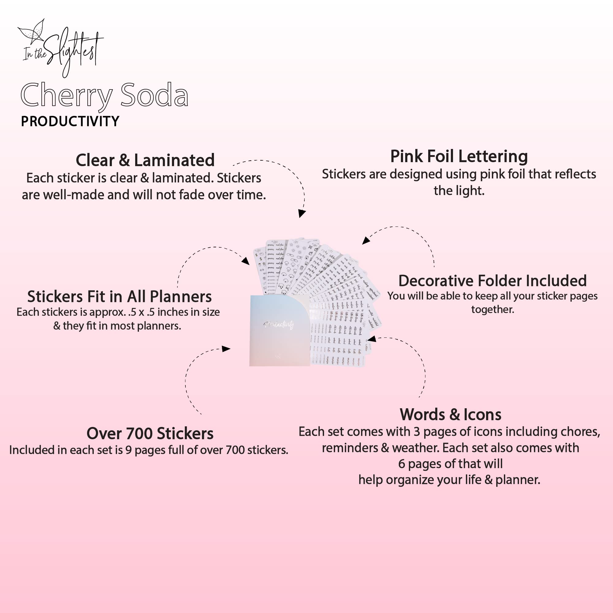 Clear Medium Pink Foil Planner Stickers Set - 600+ Productivity Stickers with Functional Icons & Words - Includes Storage Folder - Minimalist Cherry Soda Design - Perfect for Bullet Journals, Planners, Scrapbooks & DIY Projects
