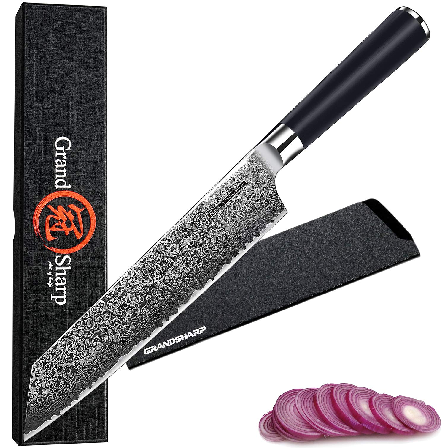 GRANDSHARP Kiritsuke Chef Knife 8.5 Inch - VG10 Damascus Steel 67-Layer High Carbon Stainless Steel Kitchen Knife - Ultra Sharp Professional Japanese Knife for Slicing, Dicing Vegetables & Meat - Ergonomic G10 Handle with Gift Box - Perfect for Home Chefs & Professional Kitchens