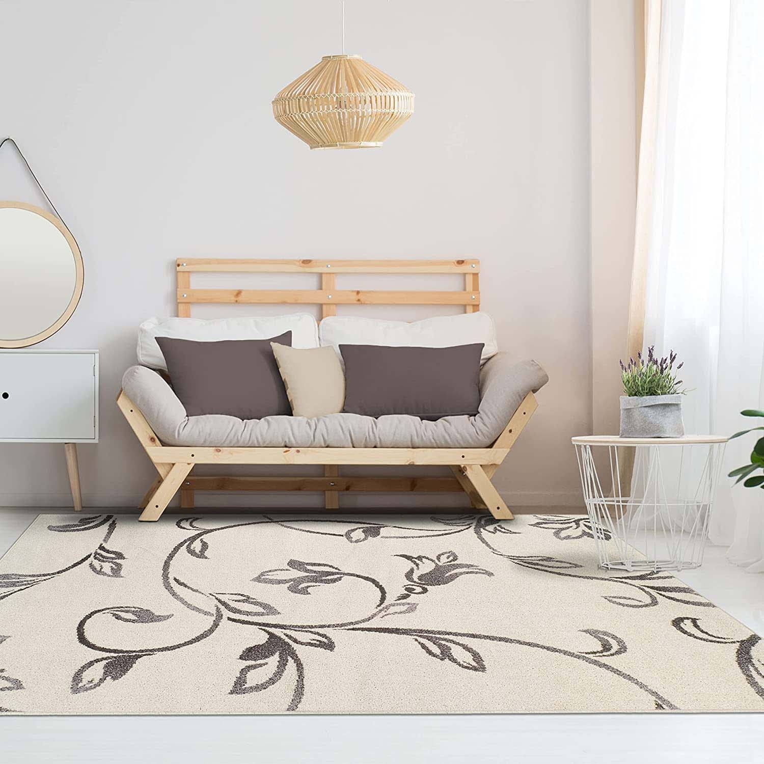 Vines Floral Scrolling Rustic Indoor Area Rug - Non-Slip Bohemian Decor Rug for Living Room, Bedroom, Nursery | Soft & Durable Home Decor