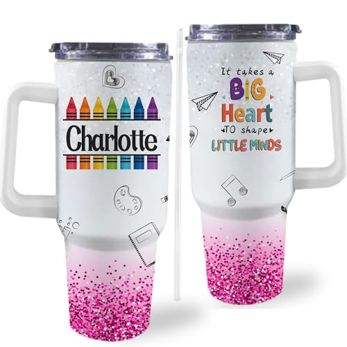 Personalized 40oz Stainless Steel Tumbler with Handle & Straw - Custom Teacher Gift for Women & Men - Perfect for Teacher Appreciation Day, Birthday, Retirement - Great for Classroom, Office or Outdoor Use