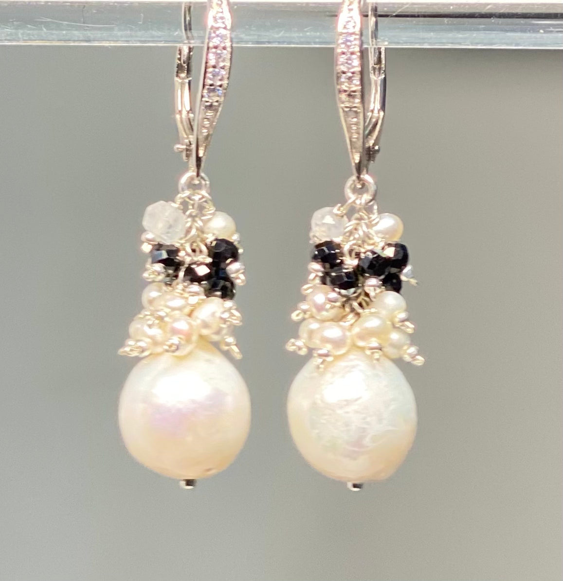 Baroque Style Edison Pearl Cluster Earrings with Black Spinel | Sterling Silver Jewelry for Women | Elegant Gift for Weddings, Parties & Special Occasions