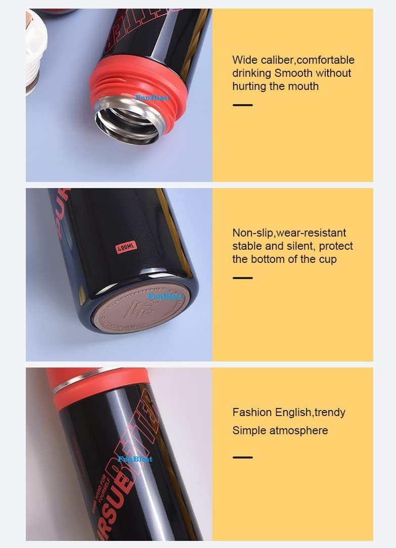FunBlast 400ml Stainless Steel Vacuum Insulated Water Bottle - Double Wall Thermos for Hot & Cold Drinks, Leakproof Travel Mug with Cup Cap, Perfect for Coffee, Tea, Hiking, Camping & Office Use (Black, 2-Pack)
