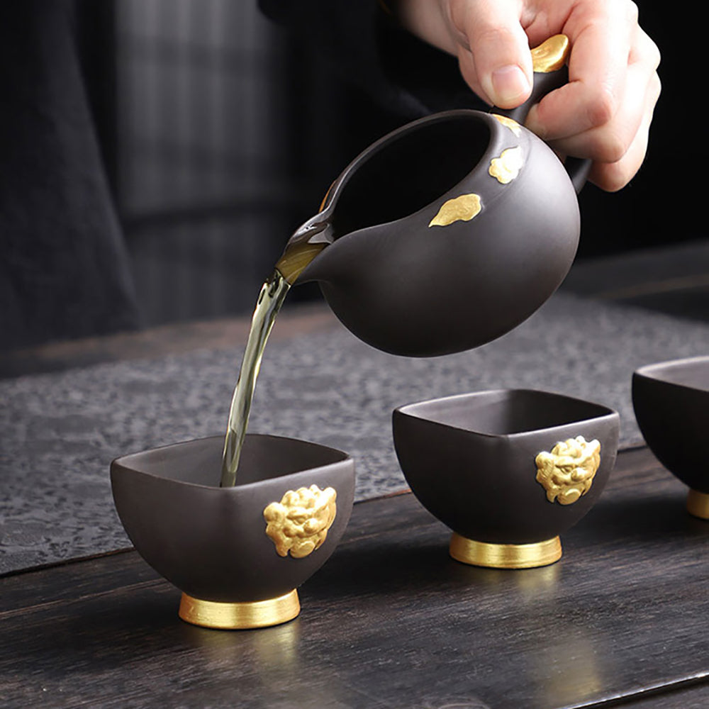 Premium Purple Clay Black Gold Dragon Tea Set - Authentic Chinese Gongfu Tea Ceremony Set for Home & Office Use