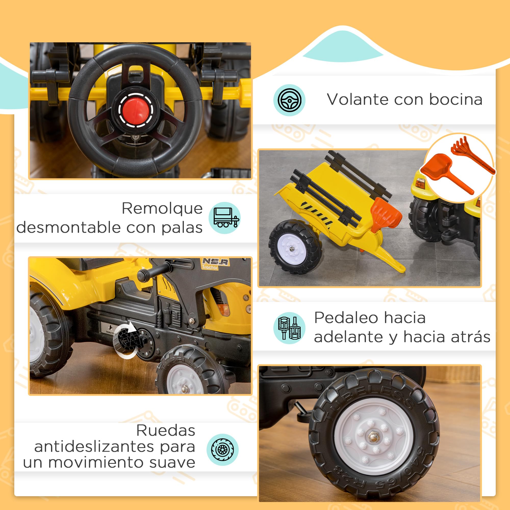 HOMCOM Kids Pedal Tractor Toy for 3 Year Old Boys & Girls - Yellow Ride-On Excavator with Detachable Trailer & Front Loader, 35kg Capacity (167x41x52cm) - Perfect for Outdoor Play, Birthday Gifts & Backyard Fun