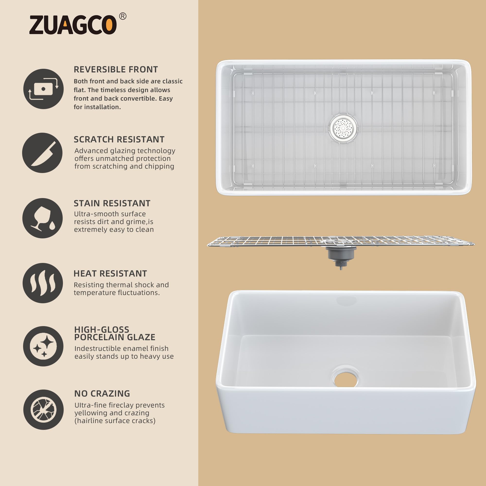 33x20 Inch White Fireclay Farmhouse Sink - Undermount Single Bowl Apron Kitchen Sink with Large Capacity & Accessories | Perfect for Rustic Kitchens, Modern Farmhouse Decor & High-End Renovations